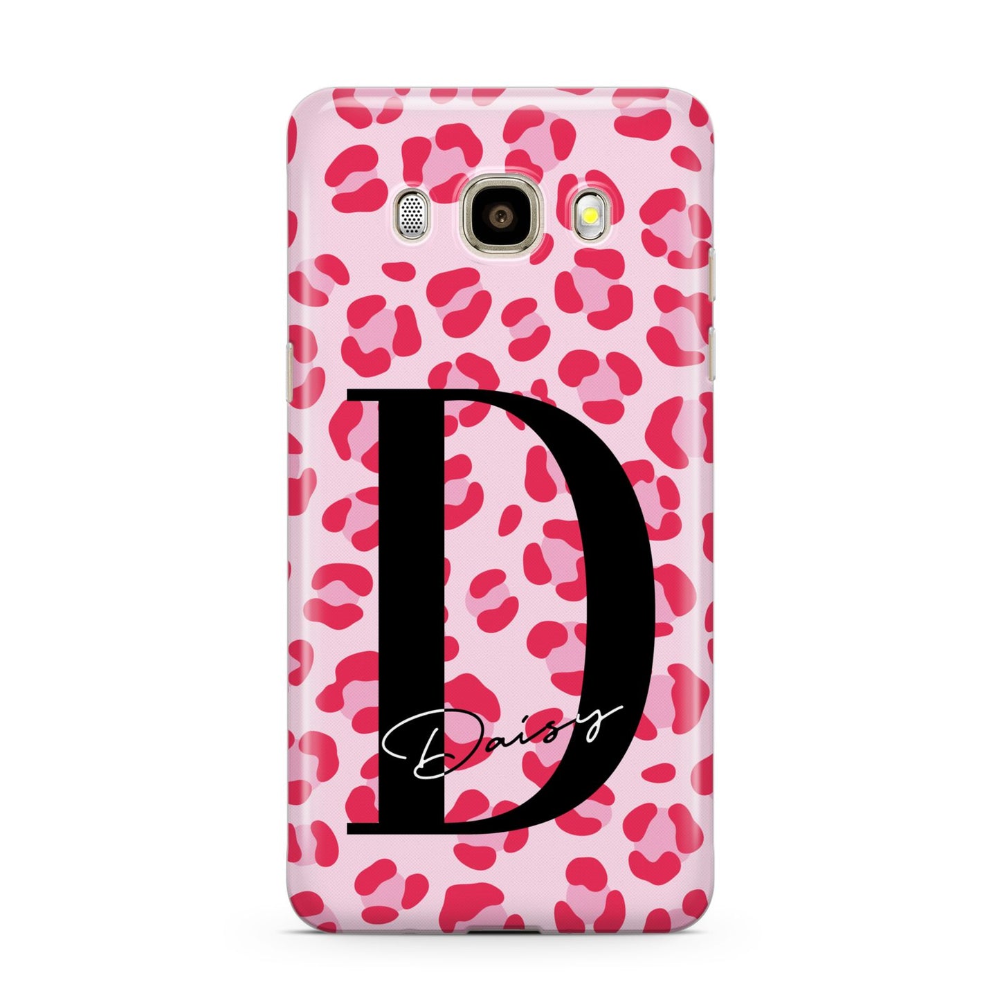 Personalised Leopard Print Pink Red Samsung Galaxy J7 2016 Case on gold phone