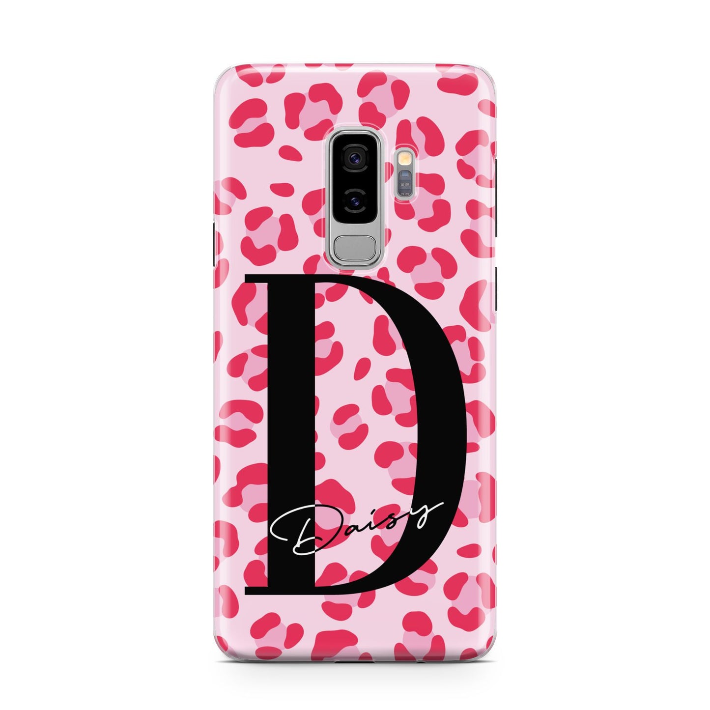 Personalised Leopard Print Pink Red Samsung Galaxy S9 Plus Case on Silver phone