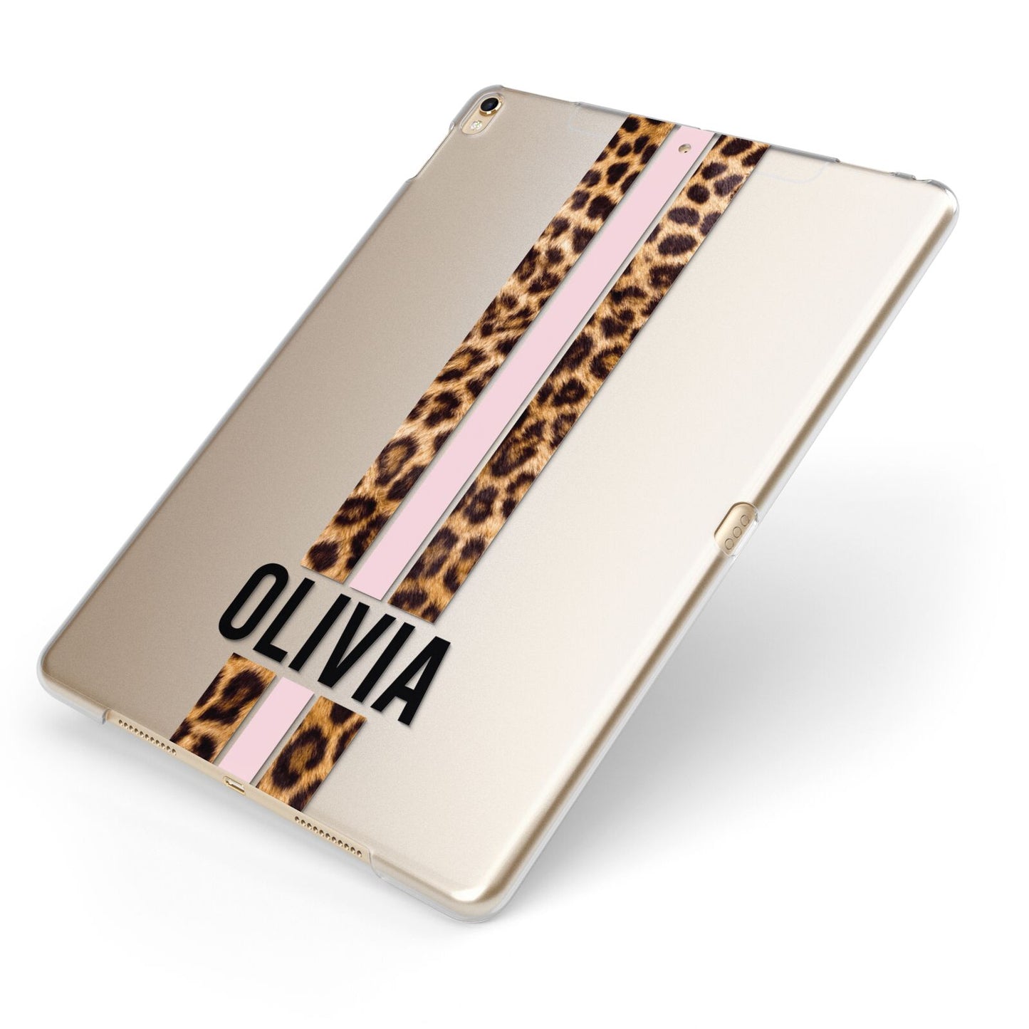 Personalised Leopard Print Stripe Apple iPad Case on Gold iPad Side View