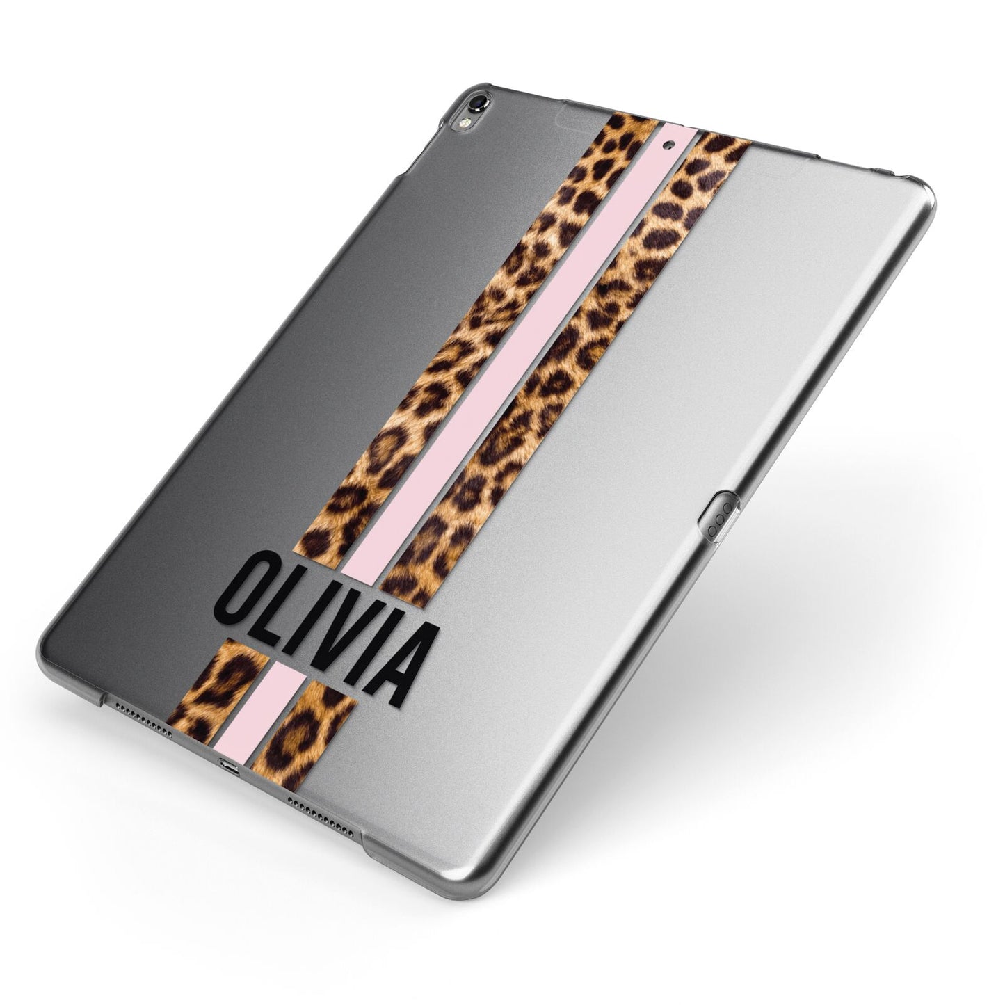 Personalised Leopard Print Stripe Apple iPad Case on Grey iPad Side View