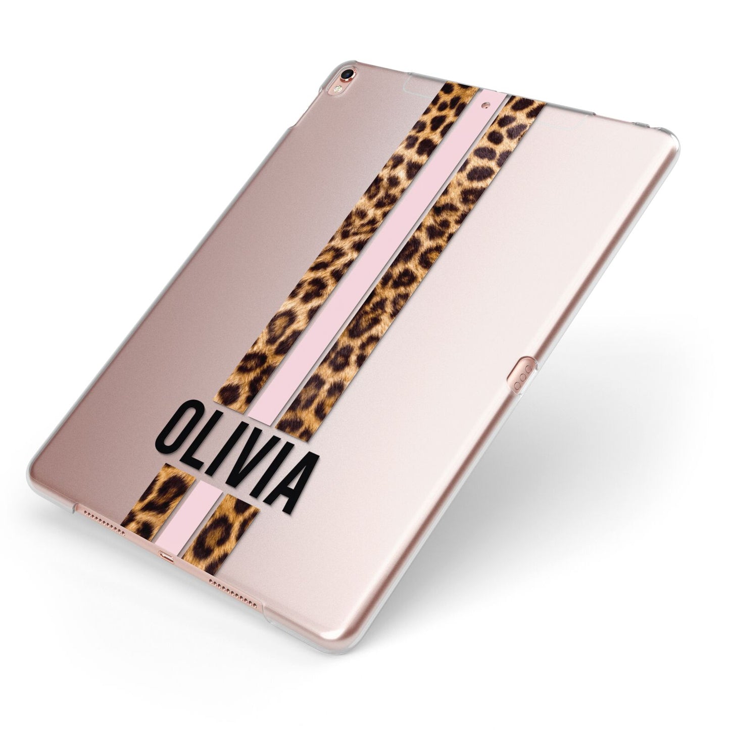 Personalised Leopard Print Stripe Apple iPad Case on Rose Gold iPad Side View