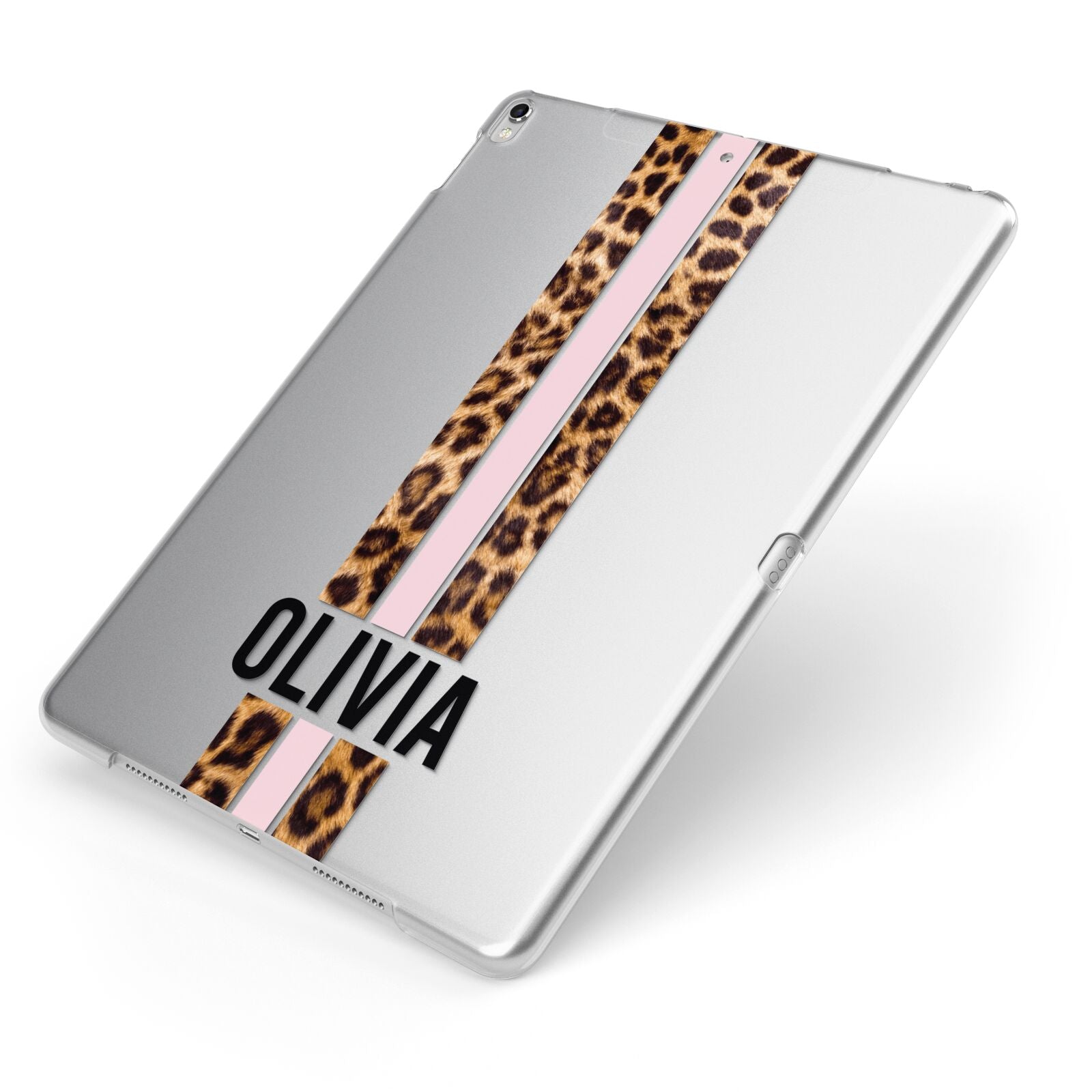 Personalised Leopard Print Stripe Apple iPad Case on Silver iPad Side View