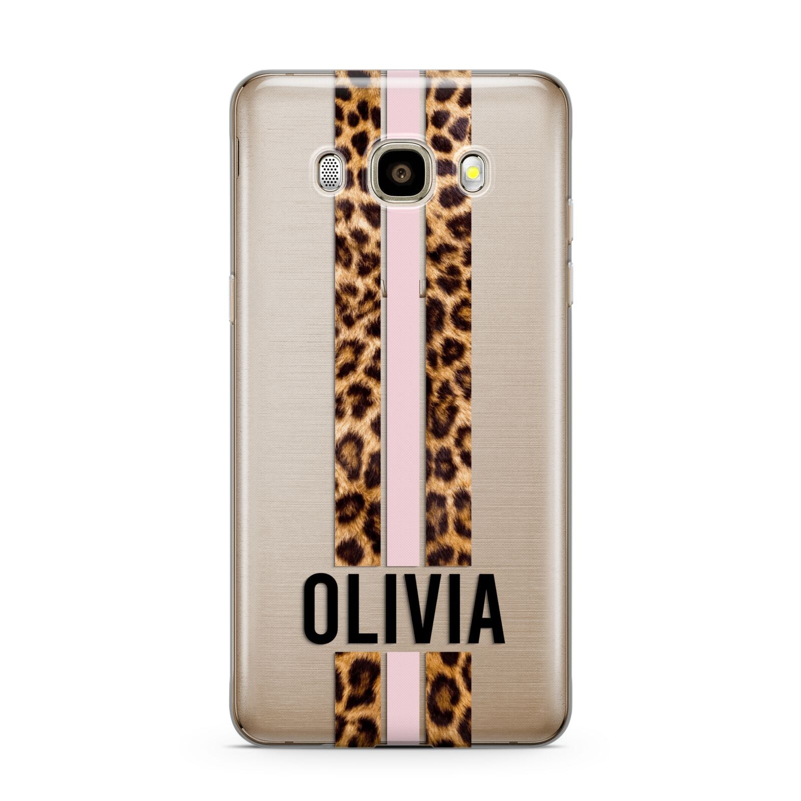 Personalised Leopard Print Stripe Samsung Galaxy J7 2016 Case on gold phone