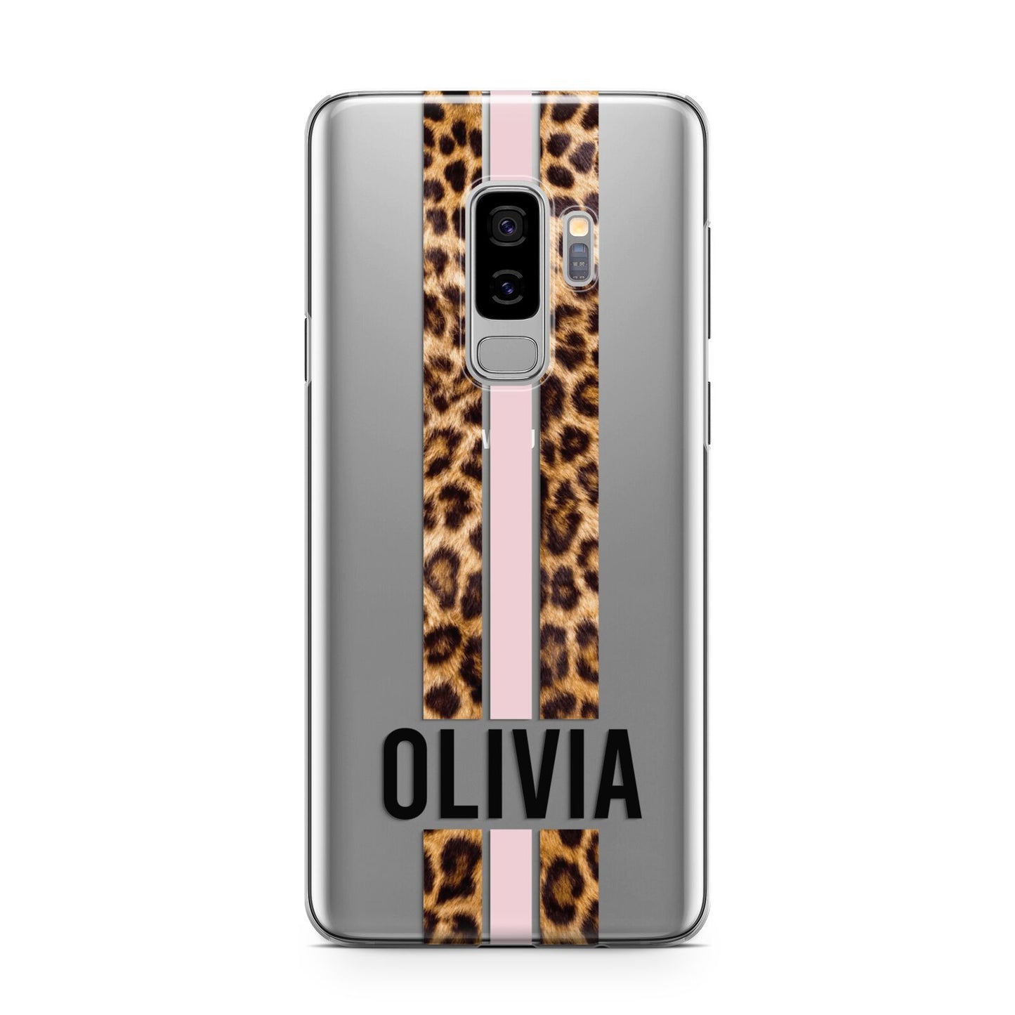 Personalised Leopard Print Stripe Samsung Galaxy S9 Plus Case on Silver phone