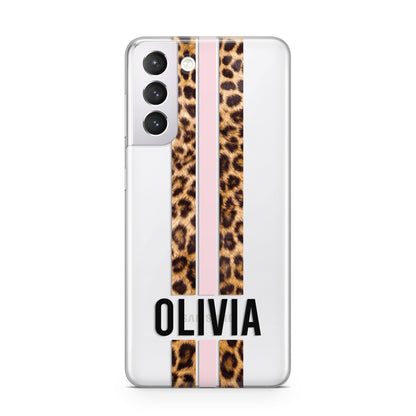 Personalised Leopard Print Stripe Samsung S21 Case