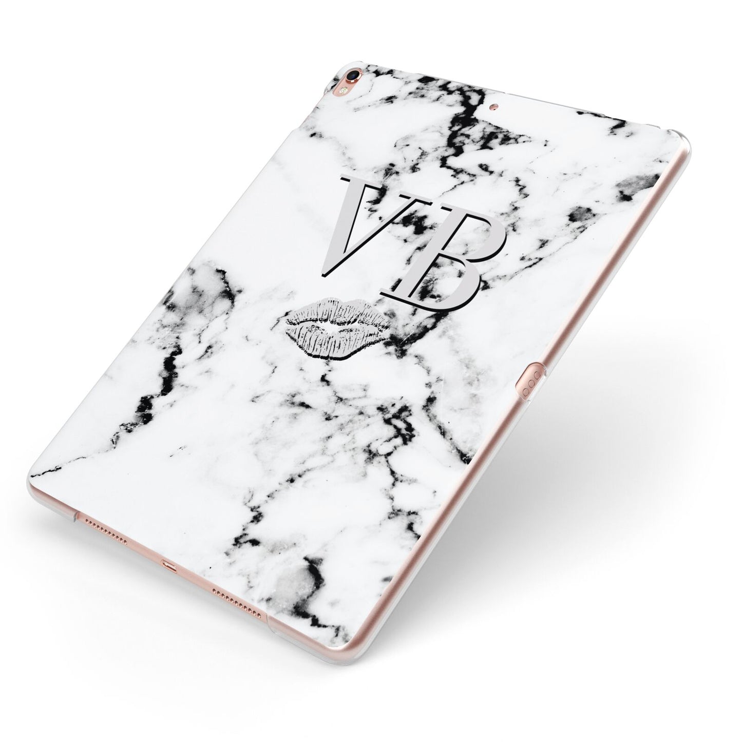 Personalised Lips Kiss Marble Initialed Apple iPad Case on Rose Gold iPad Side View