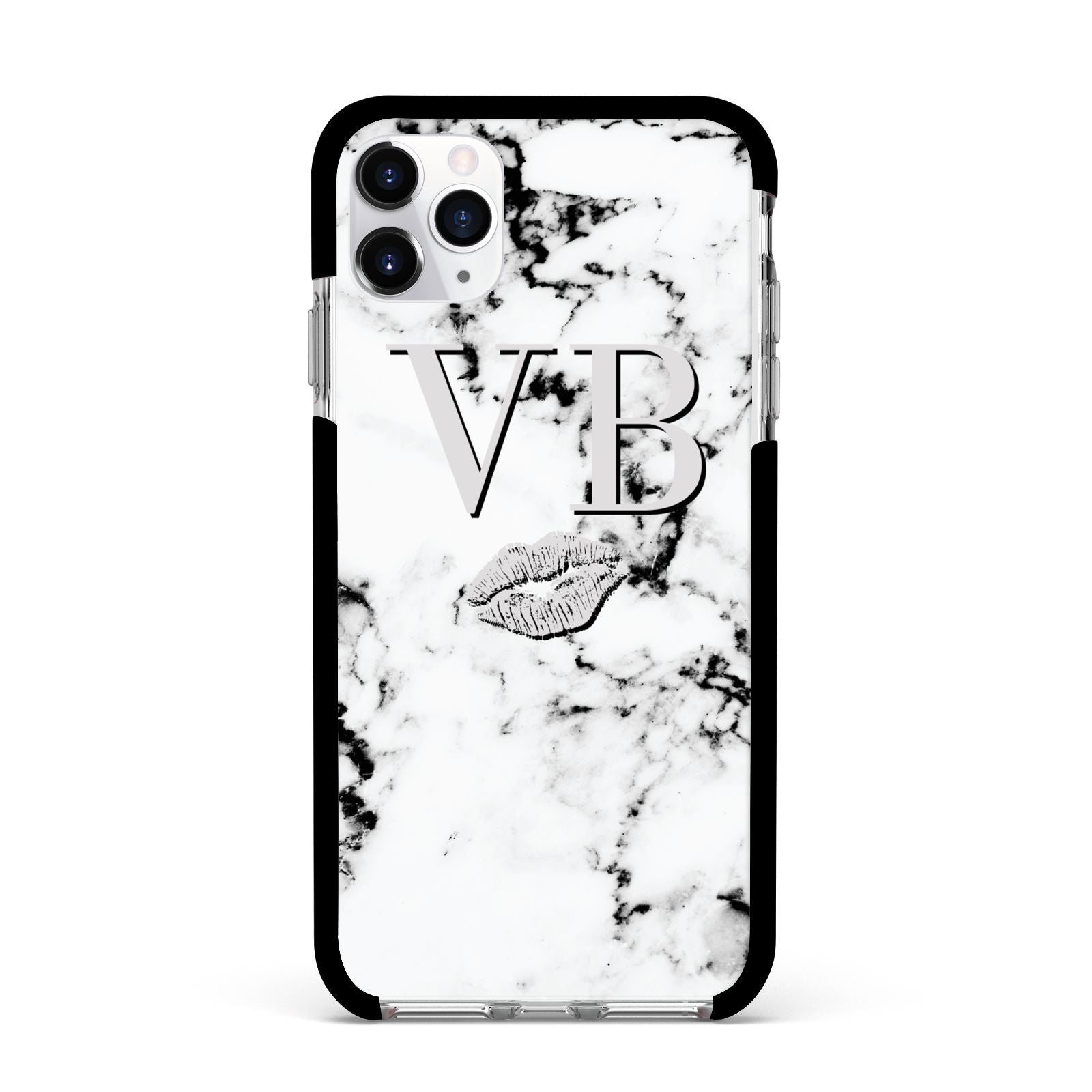 Personalised Lips Kiss Marble Initialed Apple iPhone 11 Pro Max in Silver with Black Impact Case