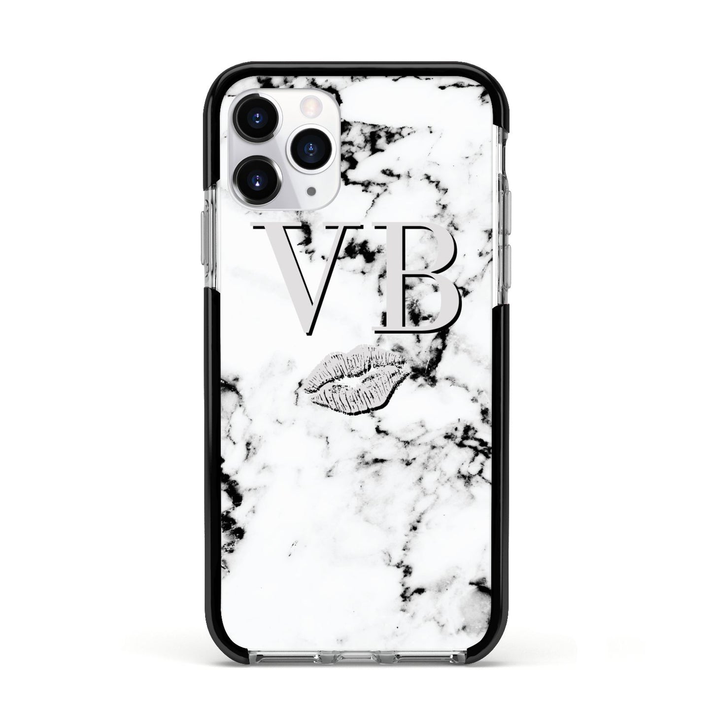 Personalised Lips Kiss Marble Initialed Apple iPhone 11 Pro in Silver with Black Impact Case