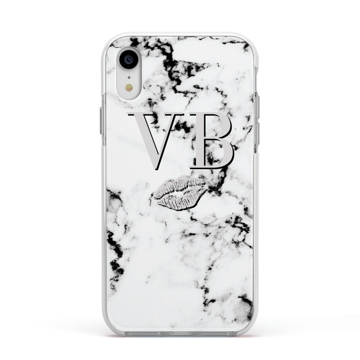 Personalised Lips Kiss Marble Initialed Apple iPhone XR Impact Case White Edge on Silver Phone