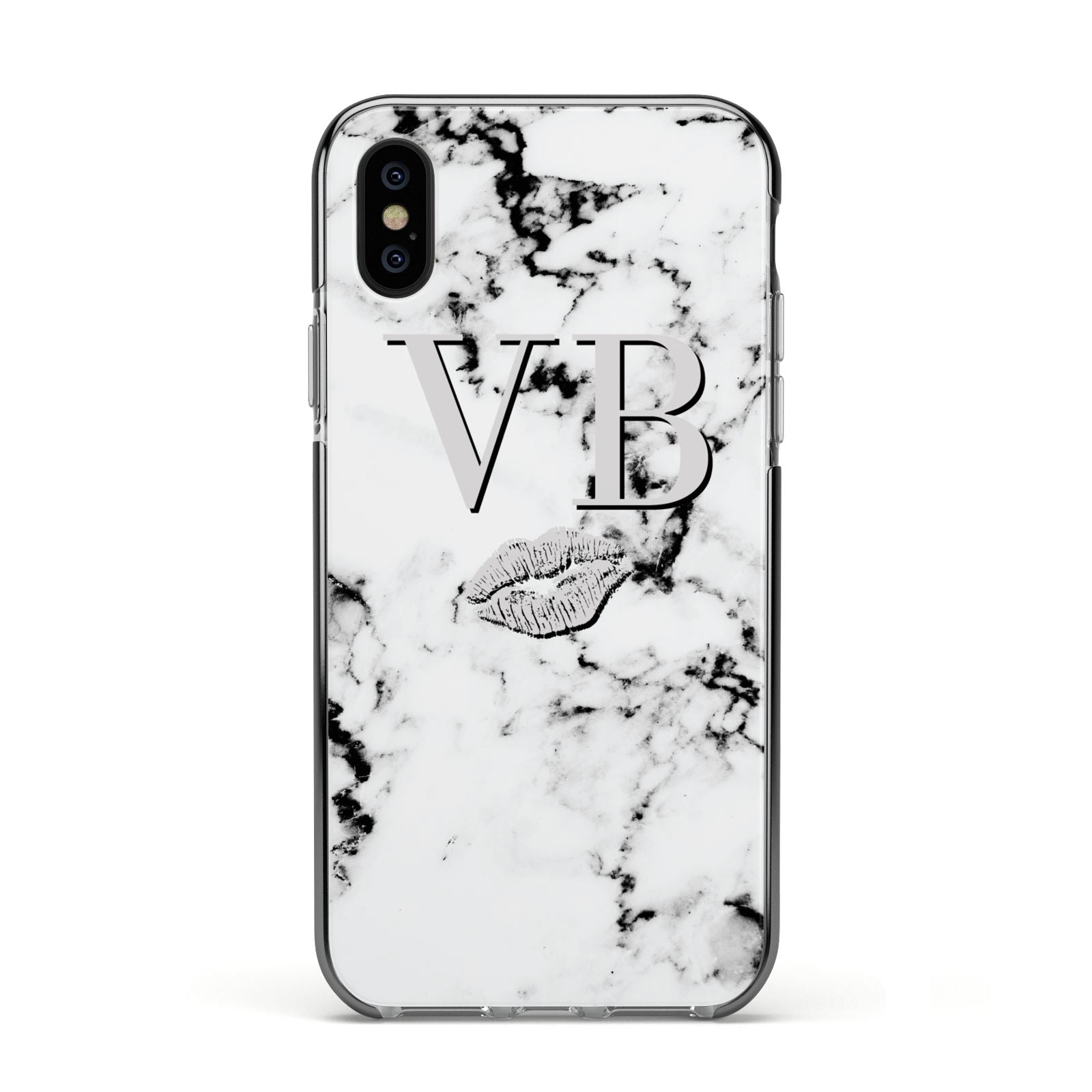 Personalised Lips Kiss Marble Initialed Apple iPhone Xs Impact Case Black Edge on Black Phone