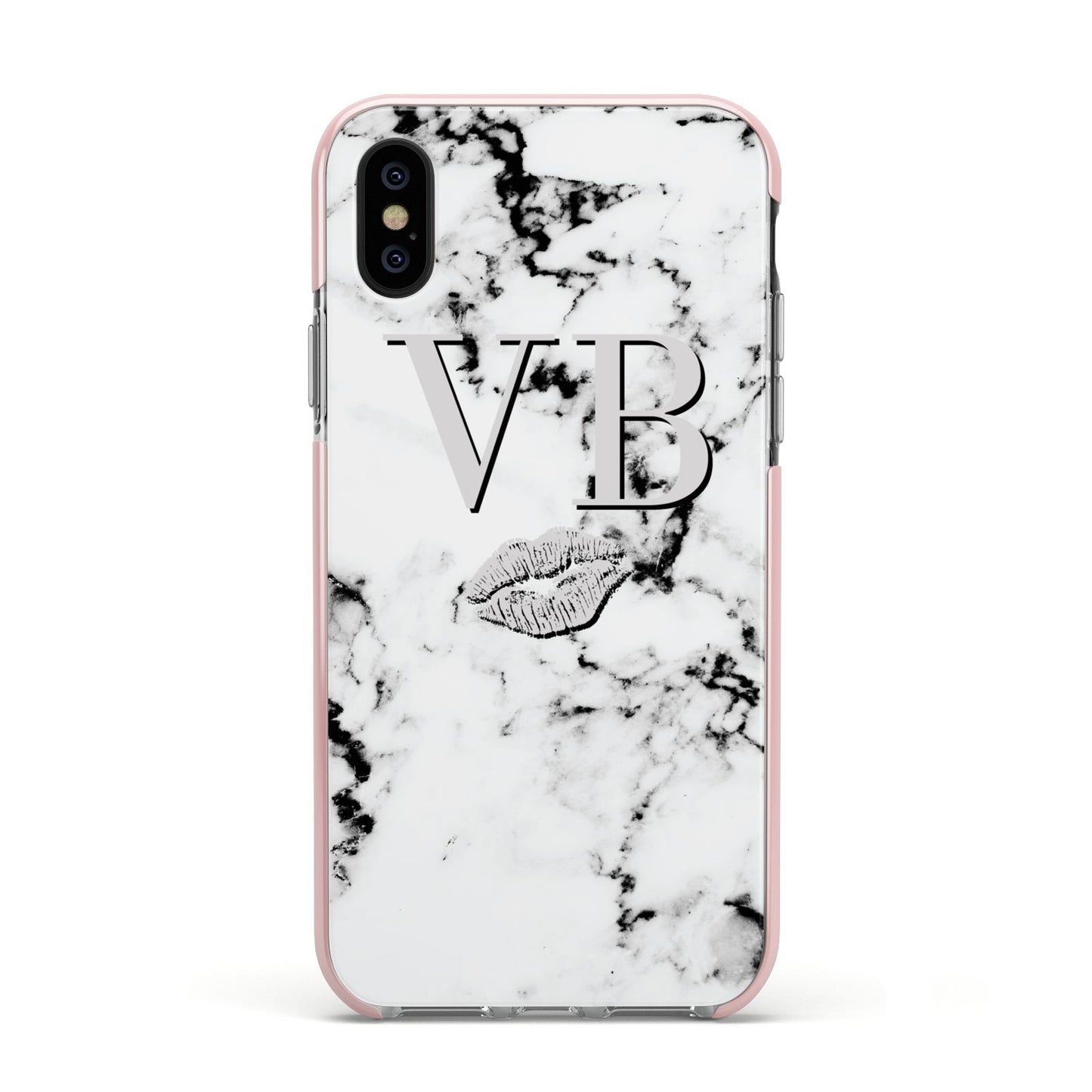 Personalised Lips Kiss Marble Initialed Apple iPhone Xs Impact Case Pink Edge on Black Phone