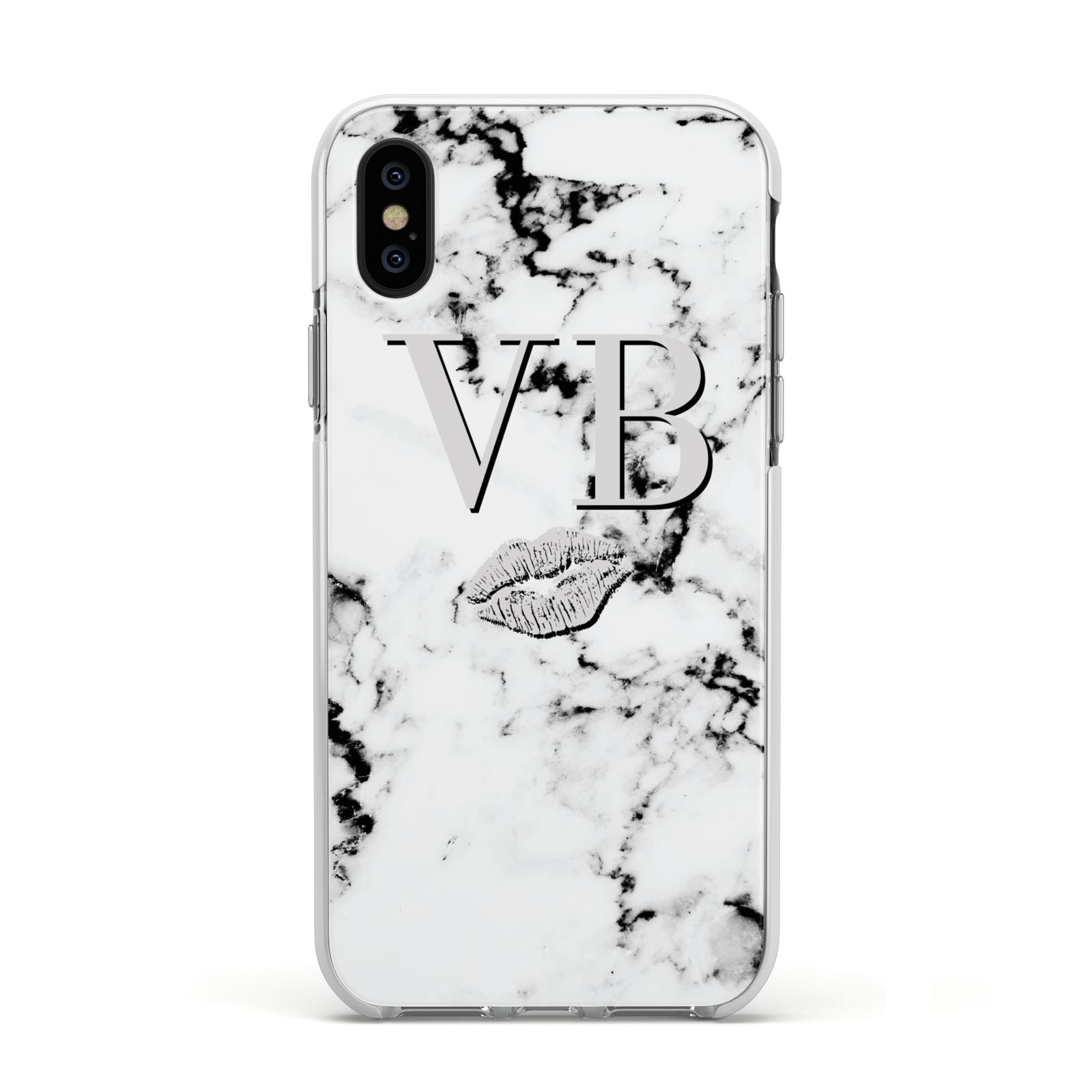 Personalised Lips Kiss Marble Initialed Apple iPhone Xs Impact Case White Edge on Black Phone