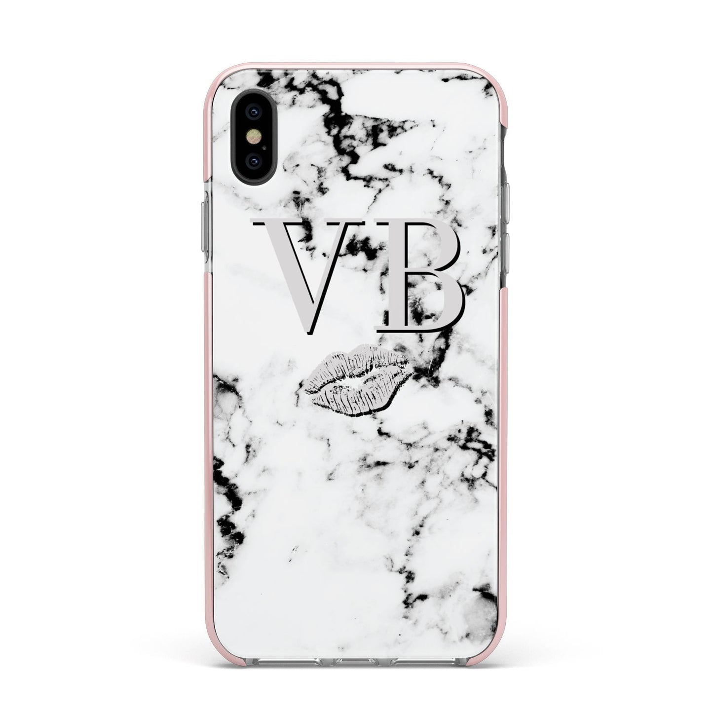 Personalised Lips Kiss Marble Initialed Apple iPhone Xs Max Impact Case Pink Edge on Black Phone