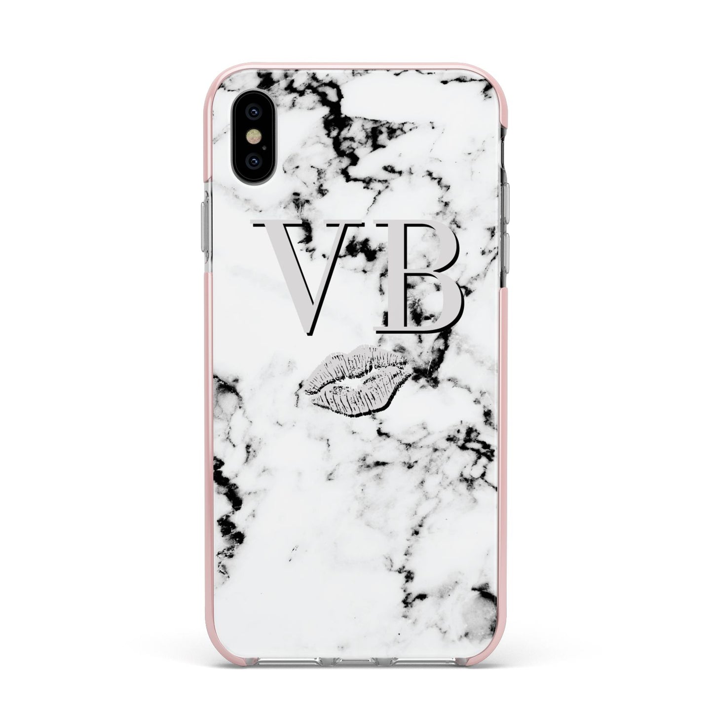 Personalised Lips Kiss Marble Initialed Apple iPhone Xs Max Impact Case Pink Edge on Silver Phone