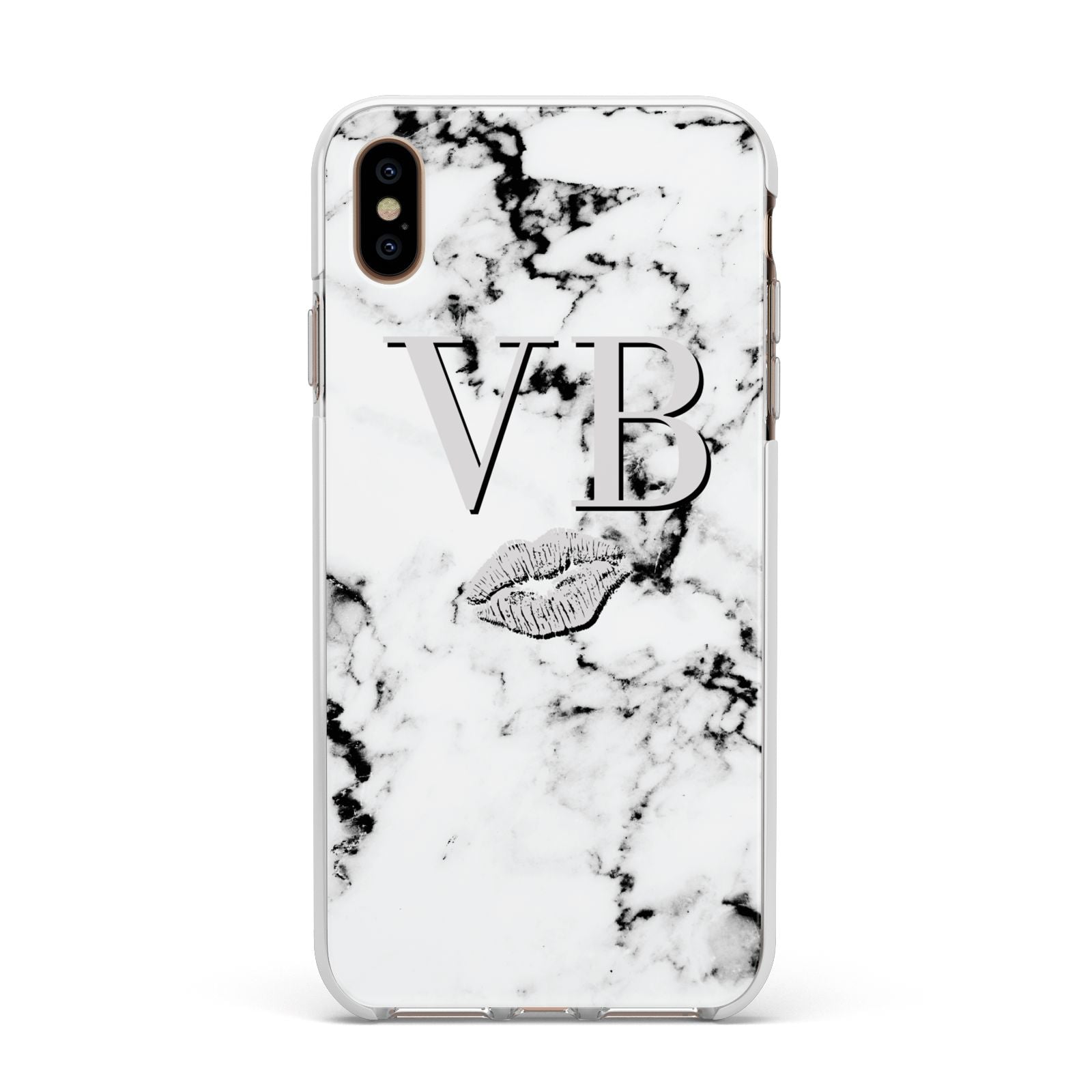 Personalised Lips Kiss Marble Initialed Apple iPhone Xs Max Impact Case White Edge on Gold Phone