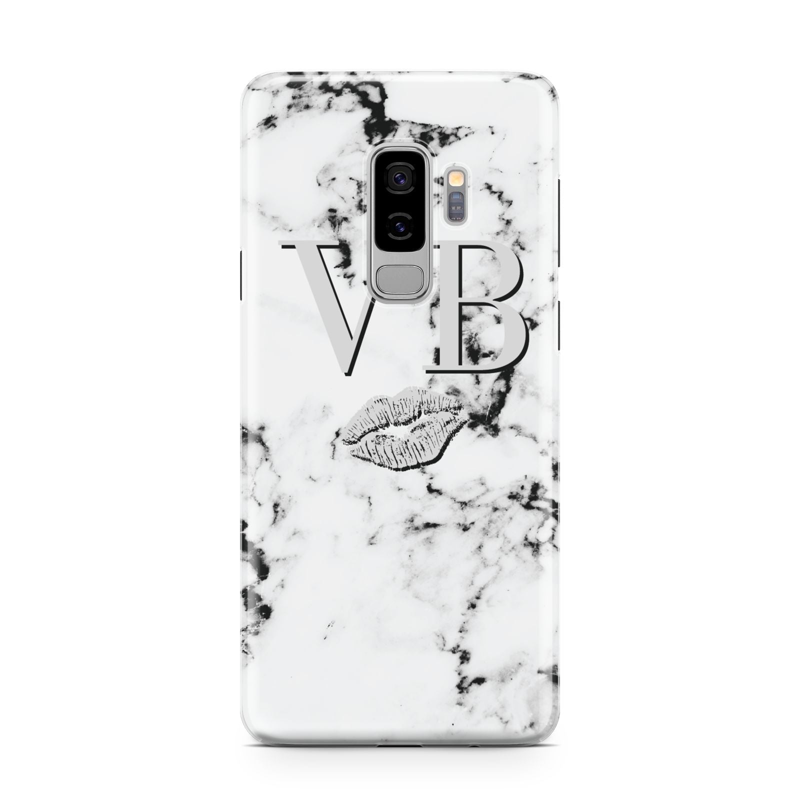 Personalised Lips Kiss Marble Initialed Samsung Galaxy S9 Plus Case on Silver phone