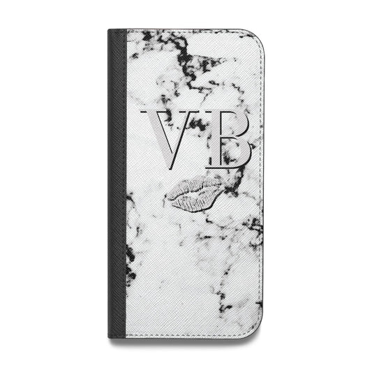 Personalised Lips Kiss Marble Initialed Vegan Leather Flip iPhone Case