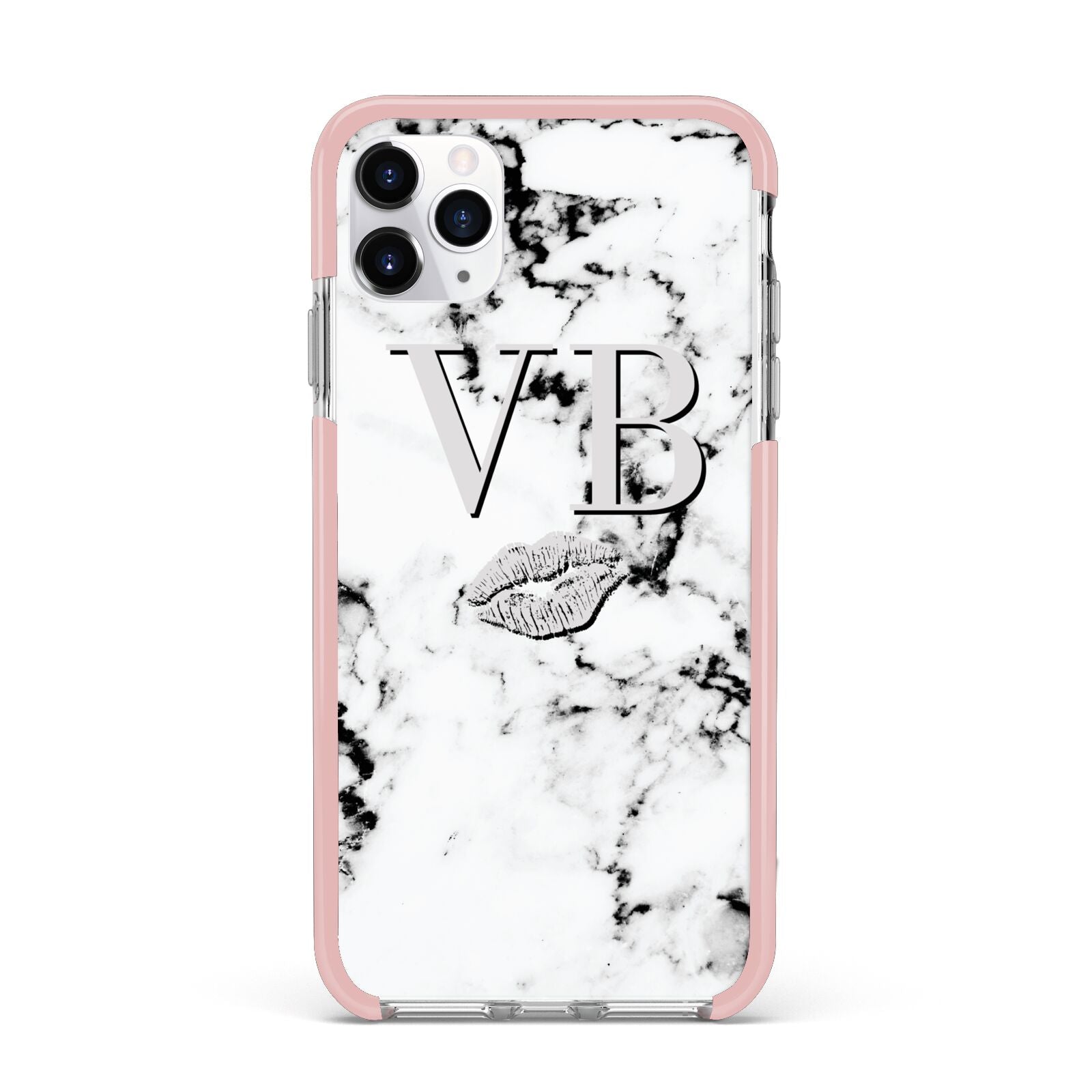 Personalised Lips Kiss Marble Initialed iPhone 11 Pro Max Impact Pink Edge Case