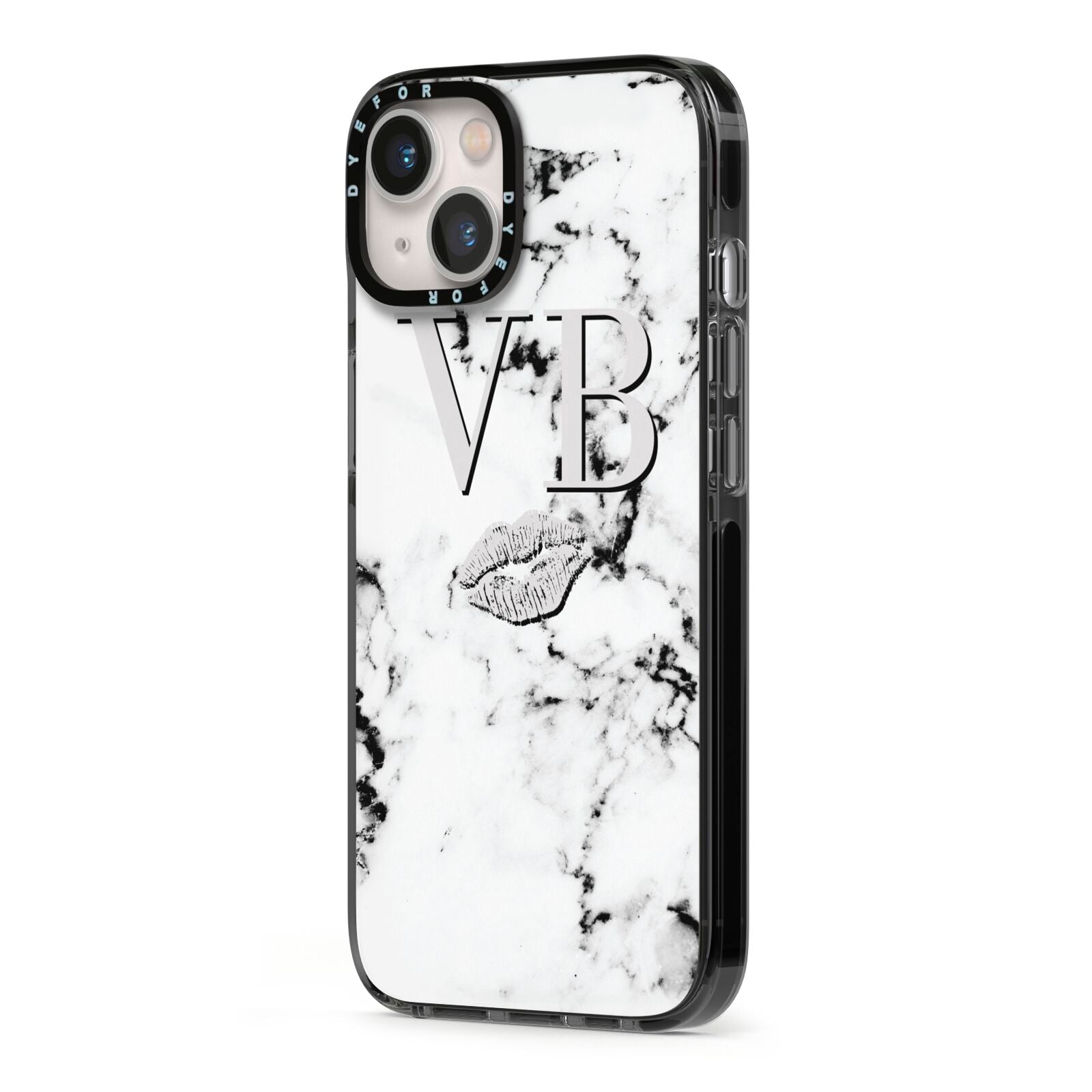 Personalised Lips Kiss Marble Initialed iPhone 13 Black Impact Case Side Angle on Silver phone