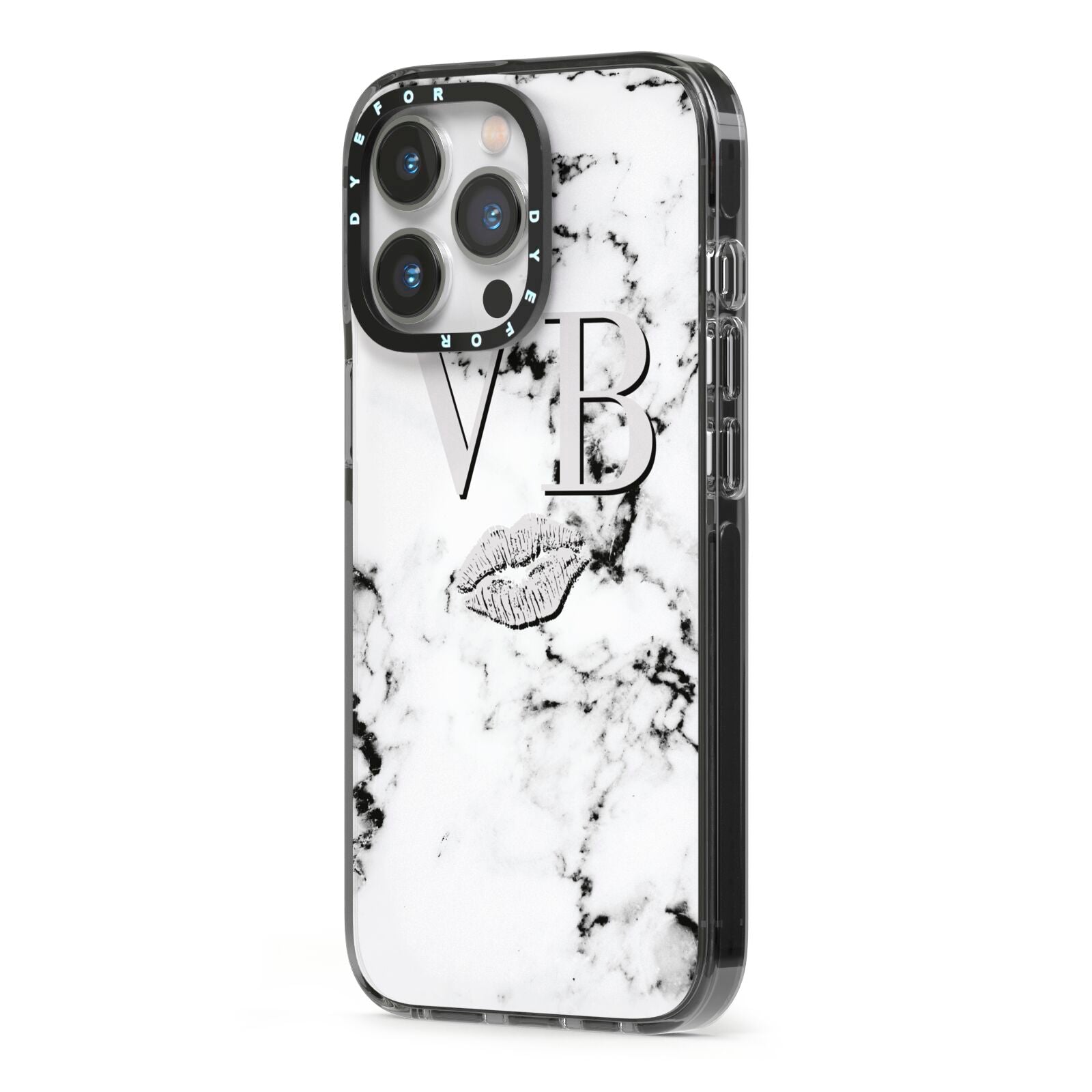 Personalised Lips Kiss Marble Initialed iPhone 13 Pro Black Impact Case Side Angle on Silver phone