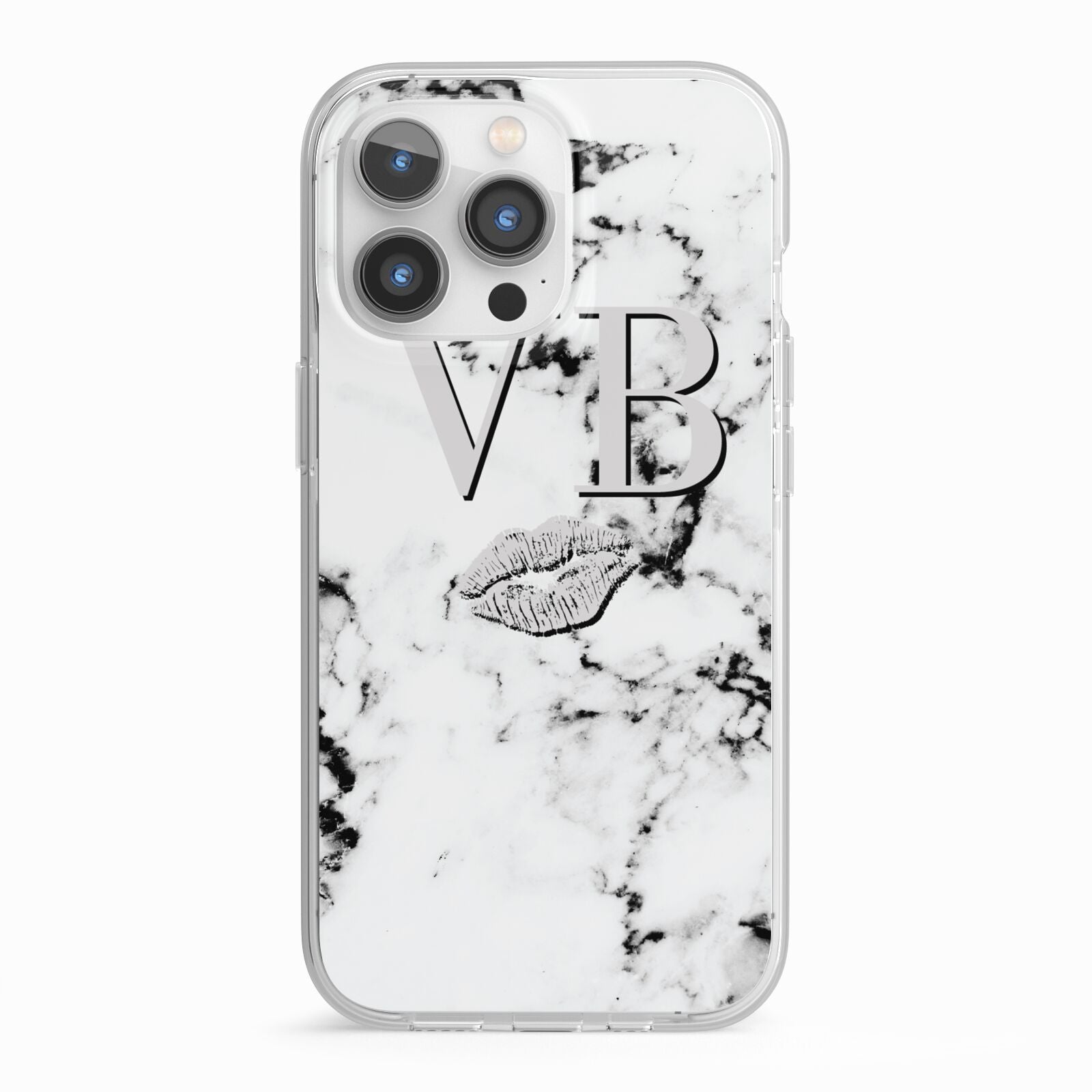 Personalised Lips Kiss Marble Initialed iPhone 13 Pro TPU Impact Case with White Edges