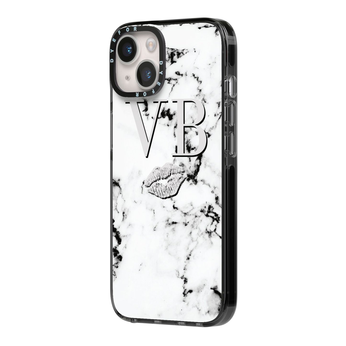 Personalised Lips Kiss Marble Initialed iPhone 14 Black Impact Case Side Angle on Silver phone