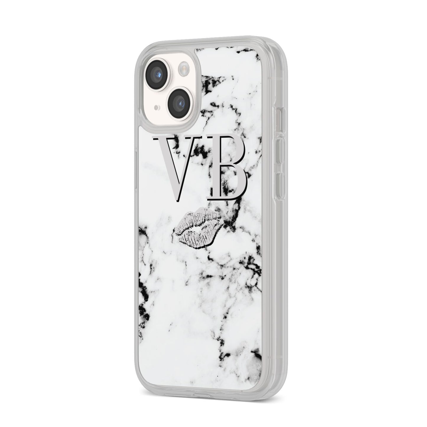 Personalised Lips Kiss Marble Initialed iPhone 14 Clear Tough Case Starlight Angled Image