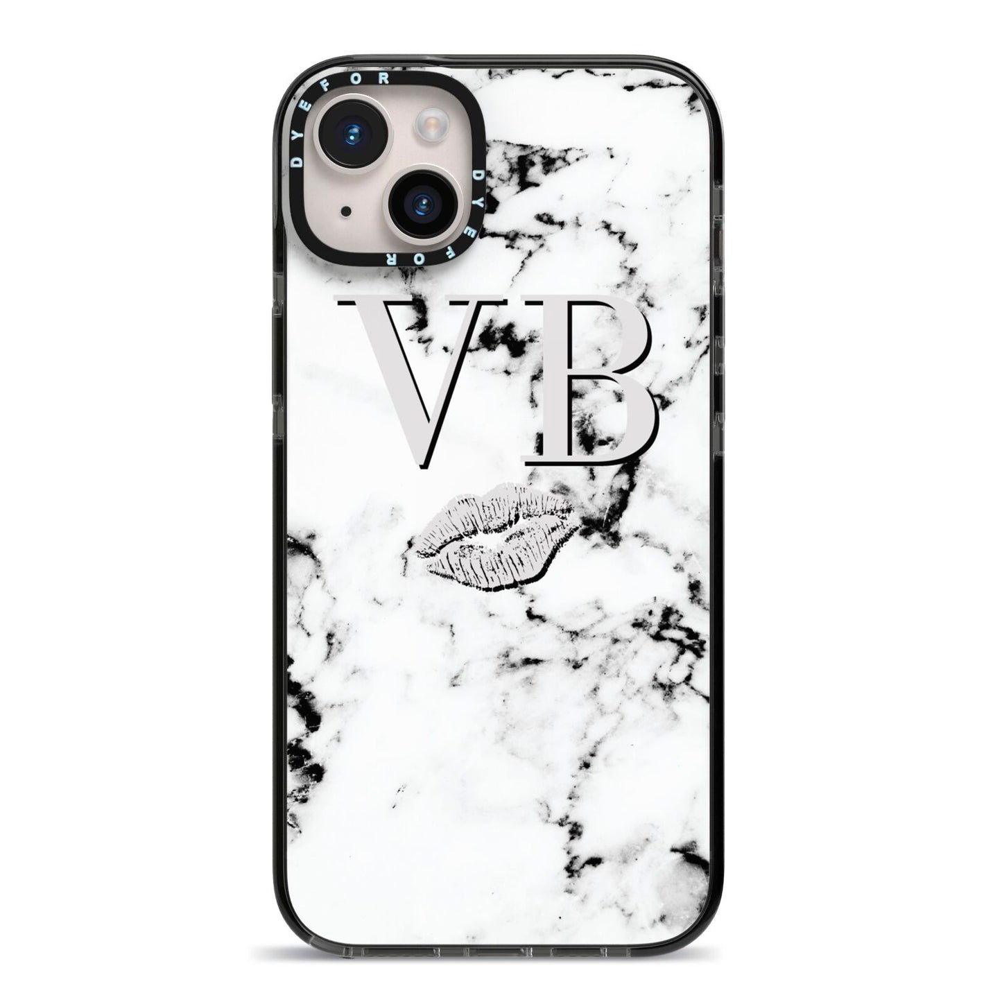 Personalised Lips Kiss Marble Initialed iPhone 14 Plus Black Impact Case on Silver phone