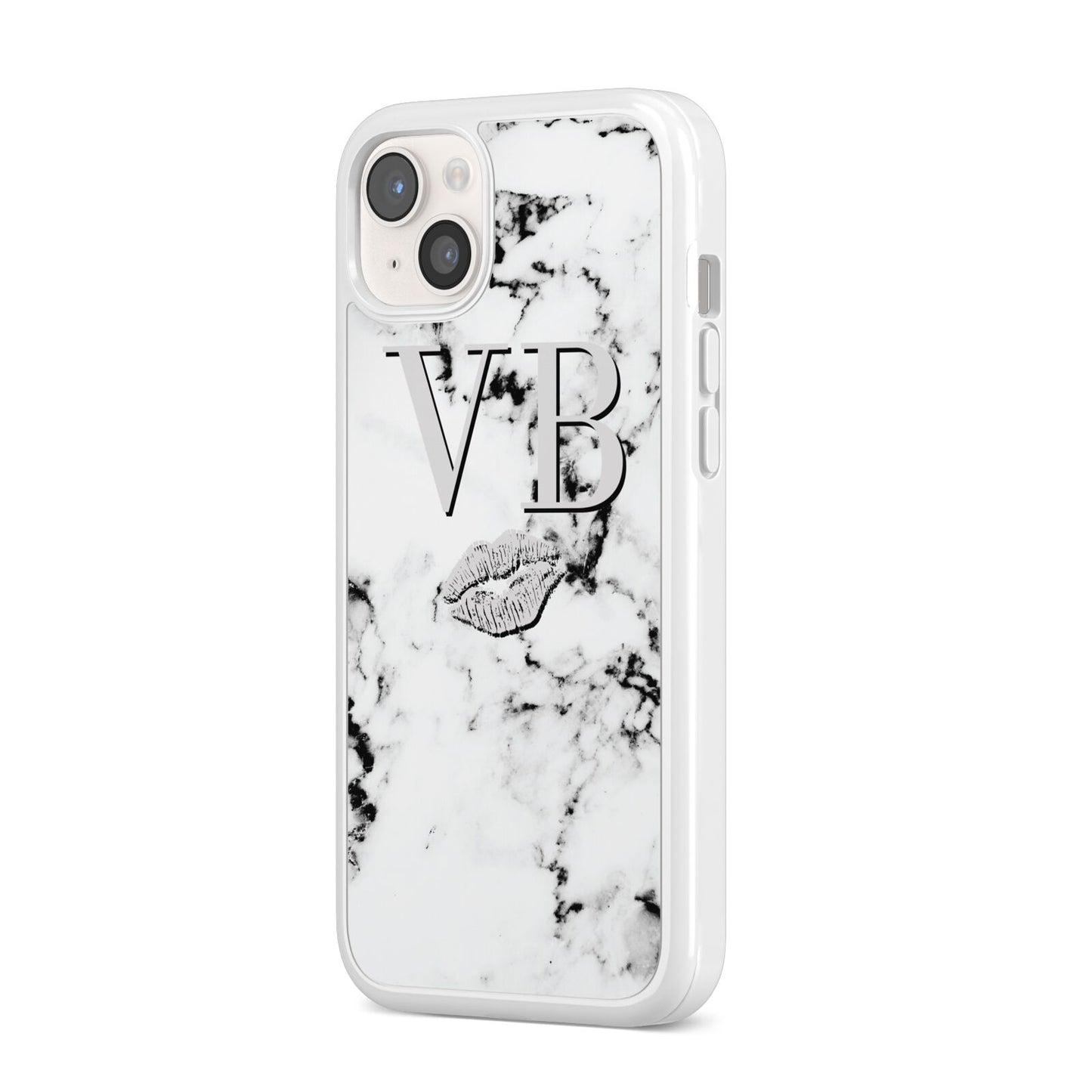 Personalised Lips Kiss Marble Initialed iPhone 14 Plus Clear Tough Case Starlight Angled Image