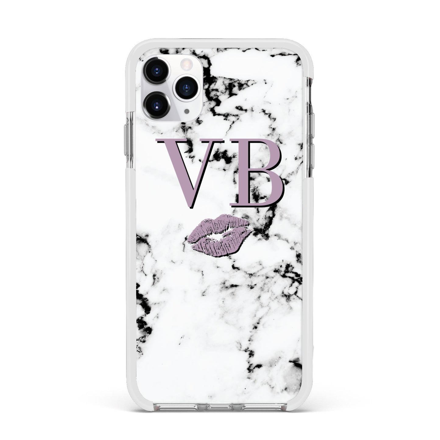 Personalised Lipstick Kiss Initials Marble Apple iPhone 11 Pro Max in Silver with White Impact Case