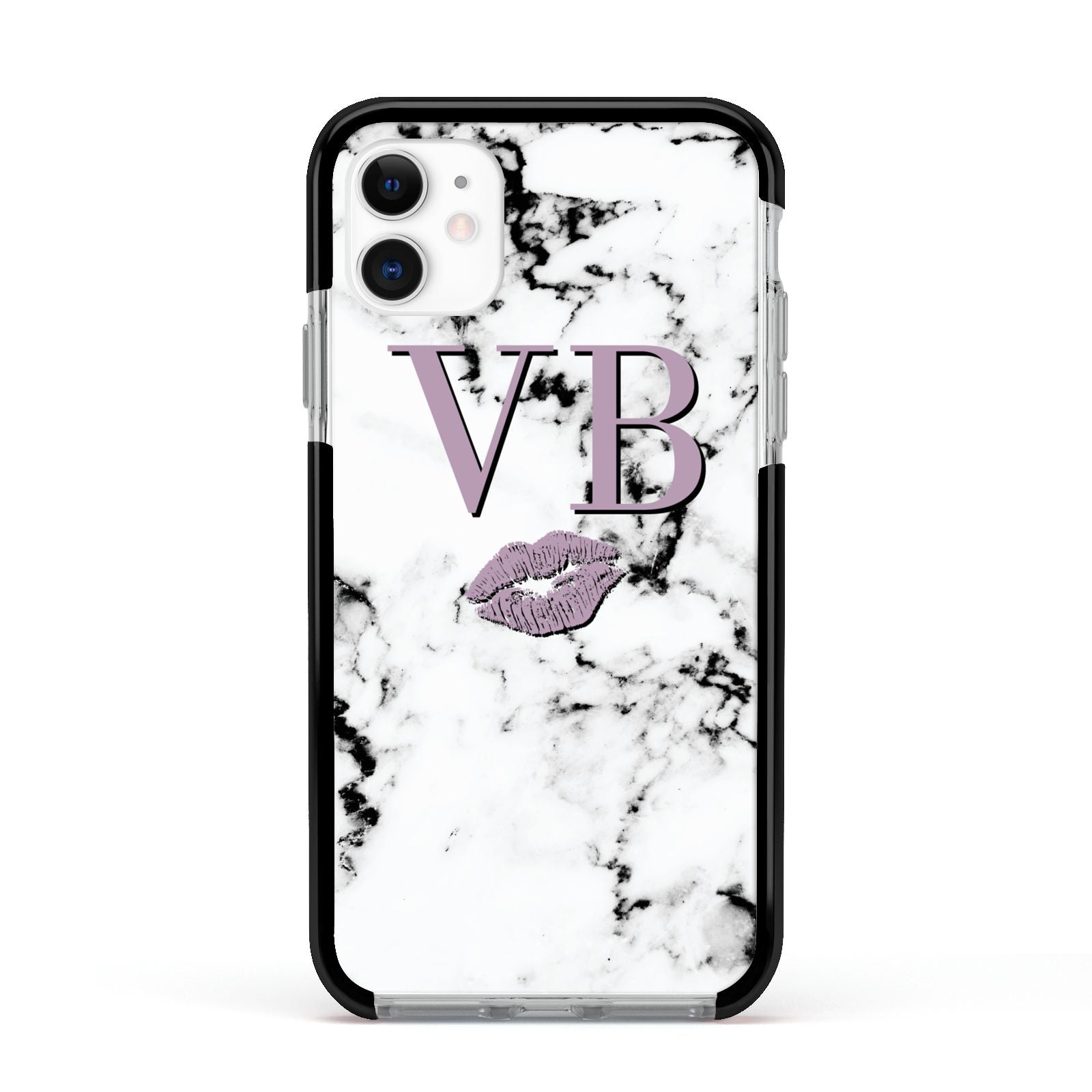 Personalised Lipstick Kiss Initials Marble Apple iPhone 11 in White with Black Impact Case