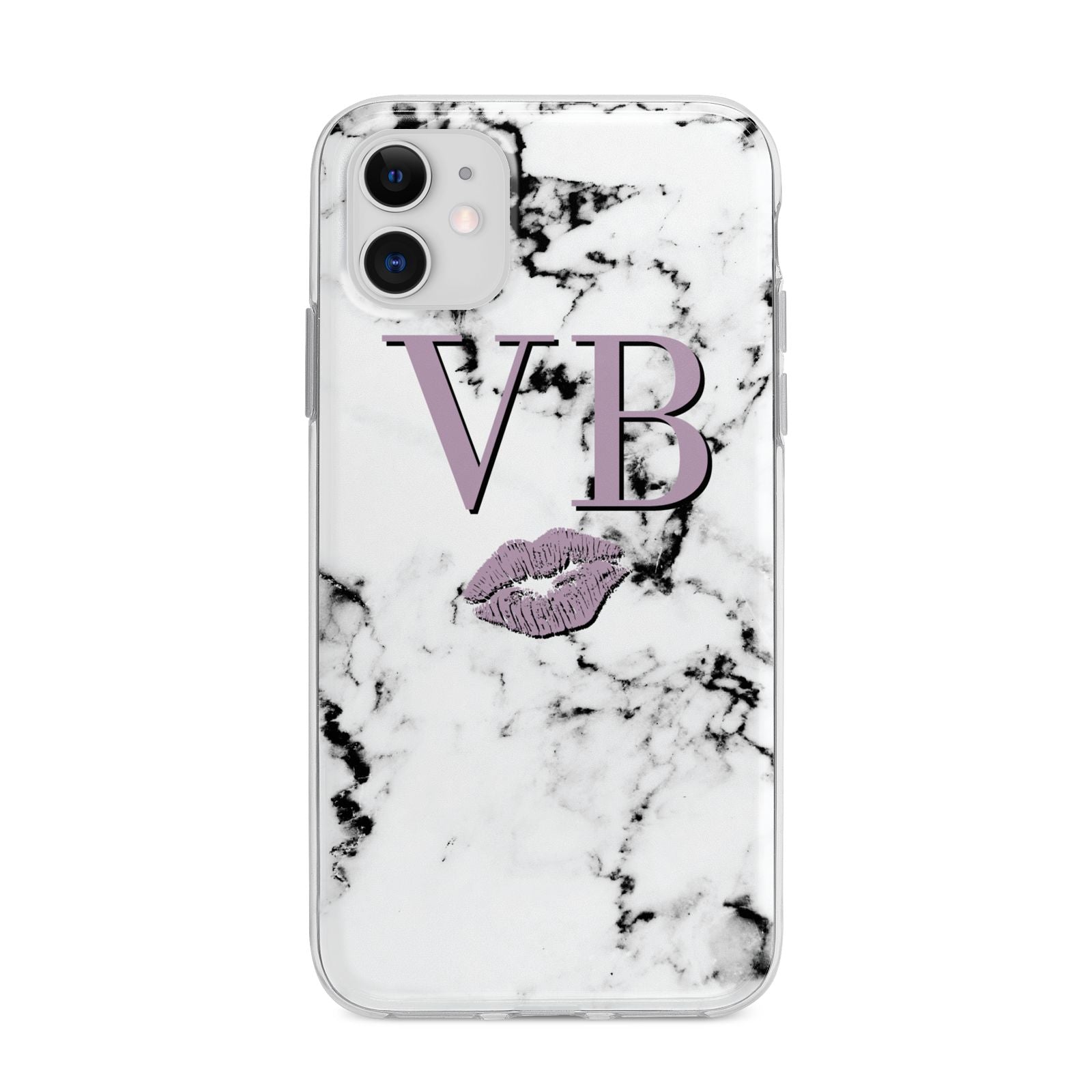 Personalised Lipstick Kiss Initials Marble Apple iPhone 11 in White with Bumper Case