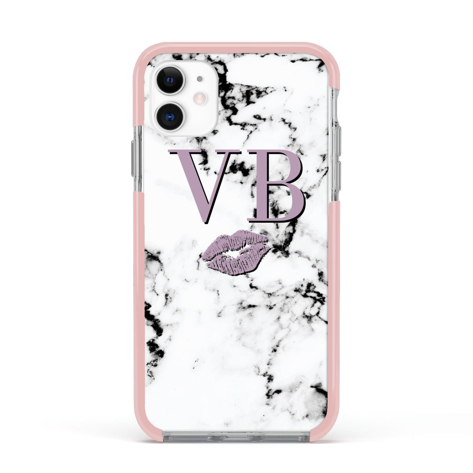 Personalised Lipstick Kiss Initials Marble Apple iPhone 11 in White with Pink Impact Case