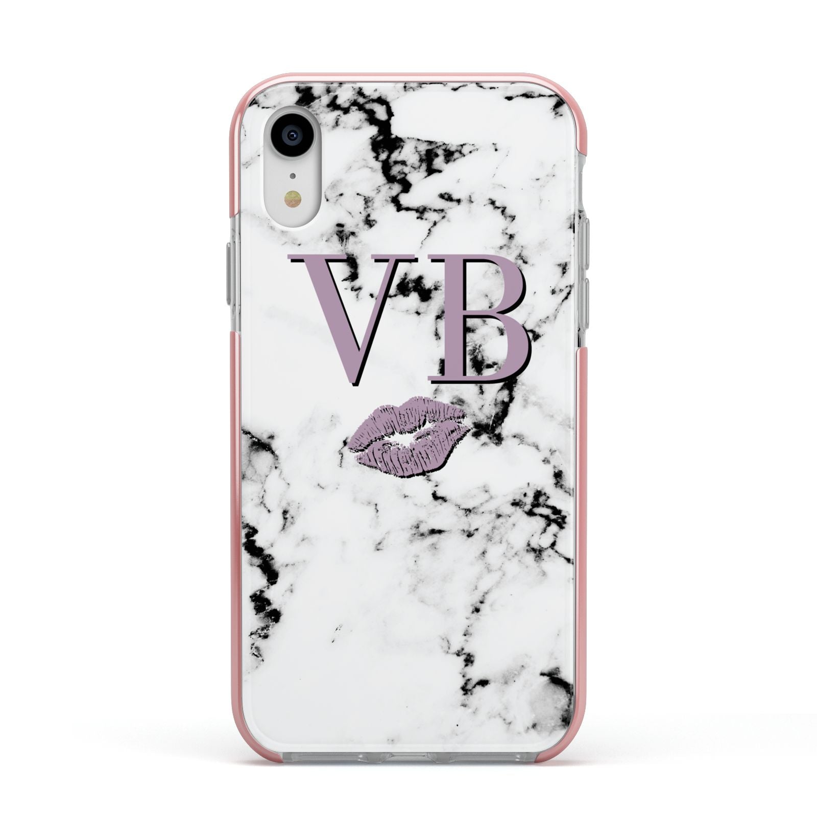 Personalised Lipstick Kiss Initials Marble Apple iPhone XR Impact Case Pink Edge on Silver Phone