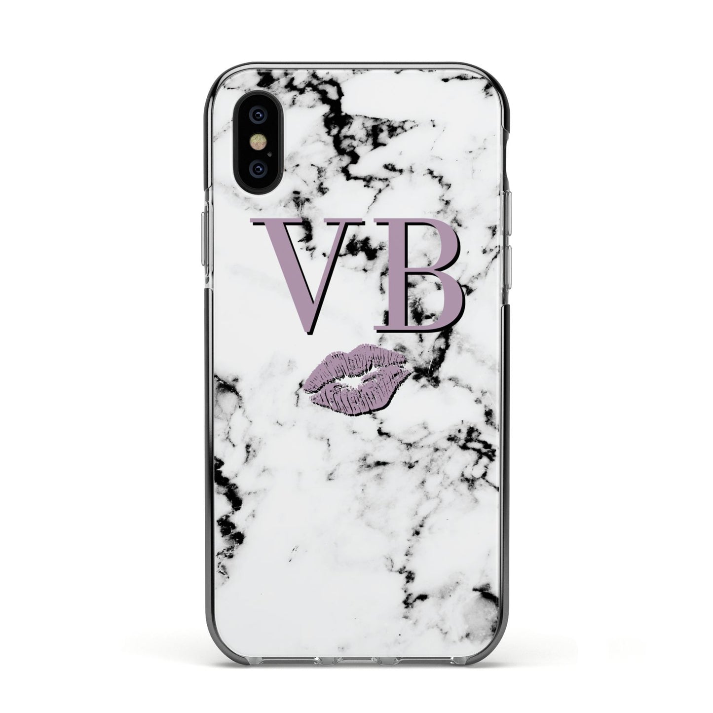 Personalised Lipstick Kiss Initials Marble Apple iPhone Xs Impact Case Black Edge on Black Phone