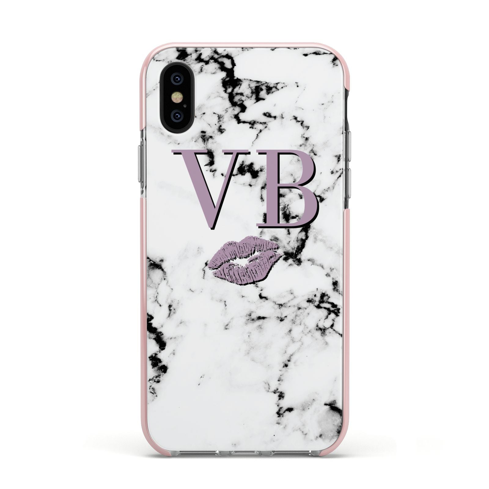 Personalised Lipstick Kiss Initials Marble Apple iPhone Xs Impact Case Pink Edge on Black Phone