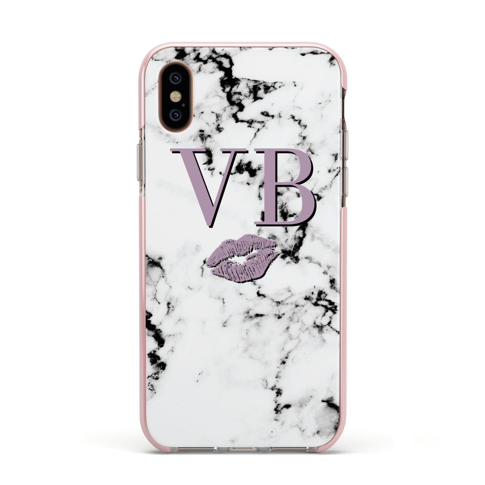 Personalised Lipstick Kiss Initials Marble Apple iPhone Xs Impact Case Pink Edge on Gold Phone