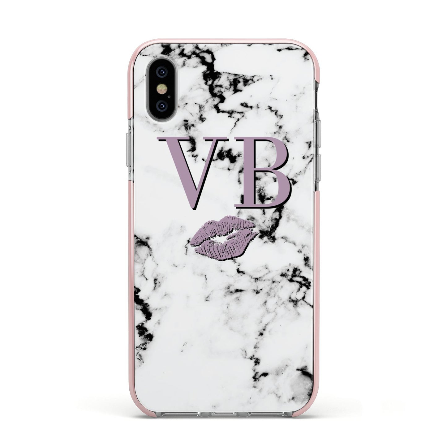 Personalised Lipstick Kiss Initials Marble Apple iPhone Xs Impact Case Pink Edge on Silver Phone