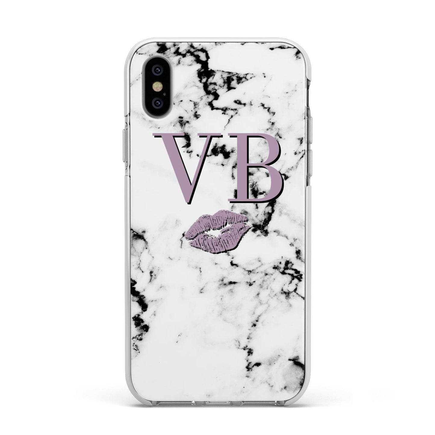 Personalised Lipstick Kiss Initials Marble Apple iPhone Xs Impact Case White Edge on Silver Phone