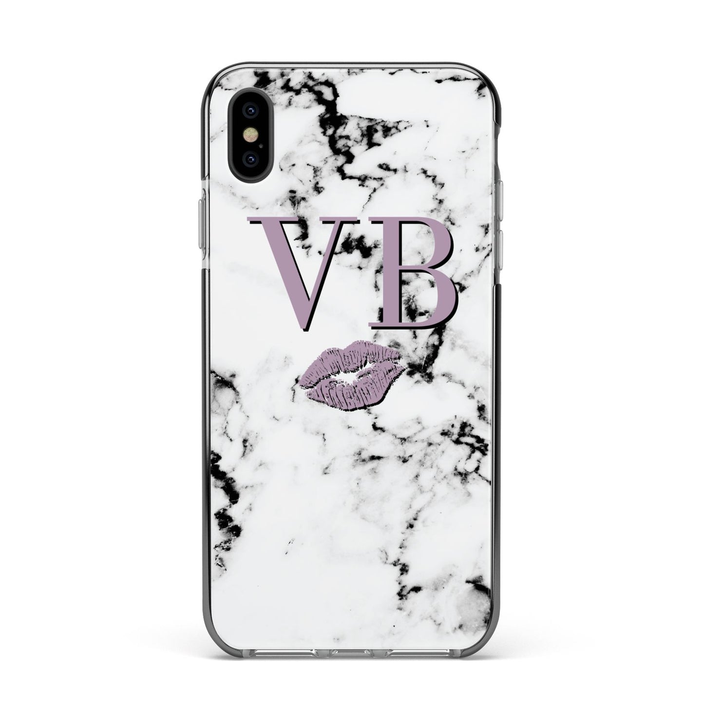 Personalised Lipstick Kiss Initials Marble Apple iPhone Xs Max Impact Case Black Edge on Black Phone