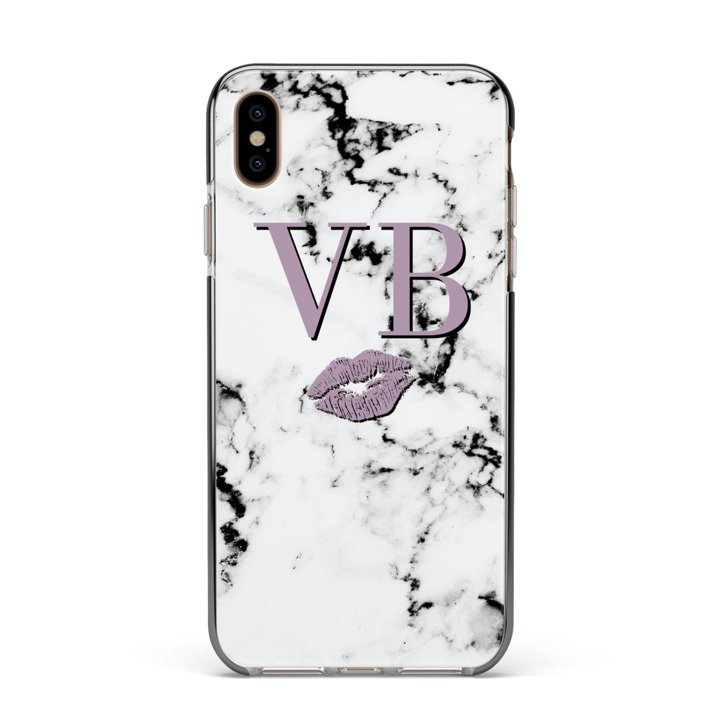 Personalised Lipstick Kiss Initials Marble Apple iPhone Xs Max Impact Case Black Edge on Gold Phone