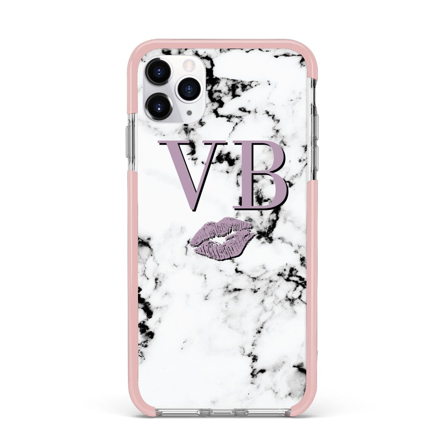 Personalised Lipstick Kiss Initials Marble iPhone 11 Pro Max Impact Pink Edge Case