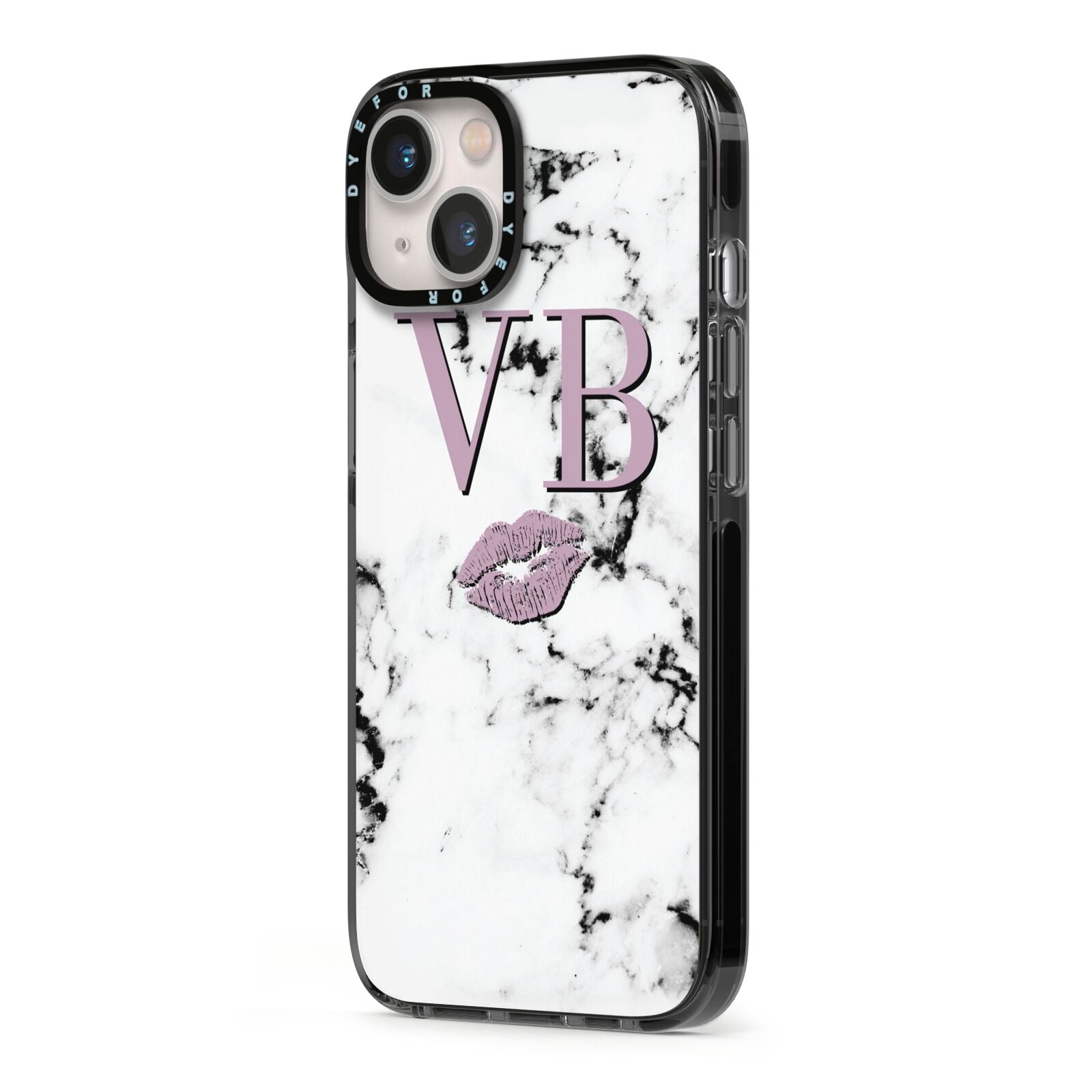 Personalised Lipstick Kiss Initials Marble iPhone 13 Black Impact Case Side Angle on Silver phone