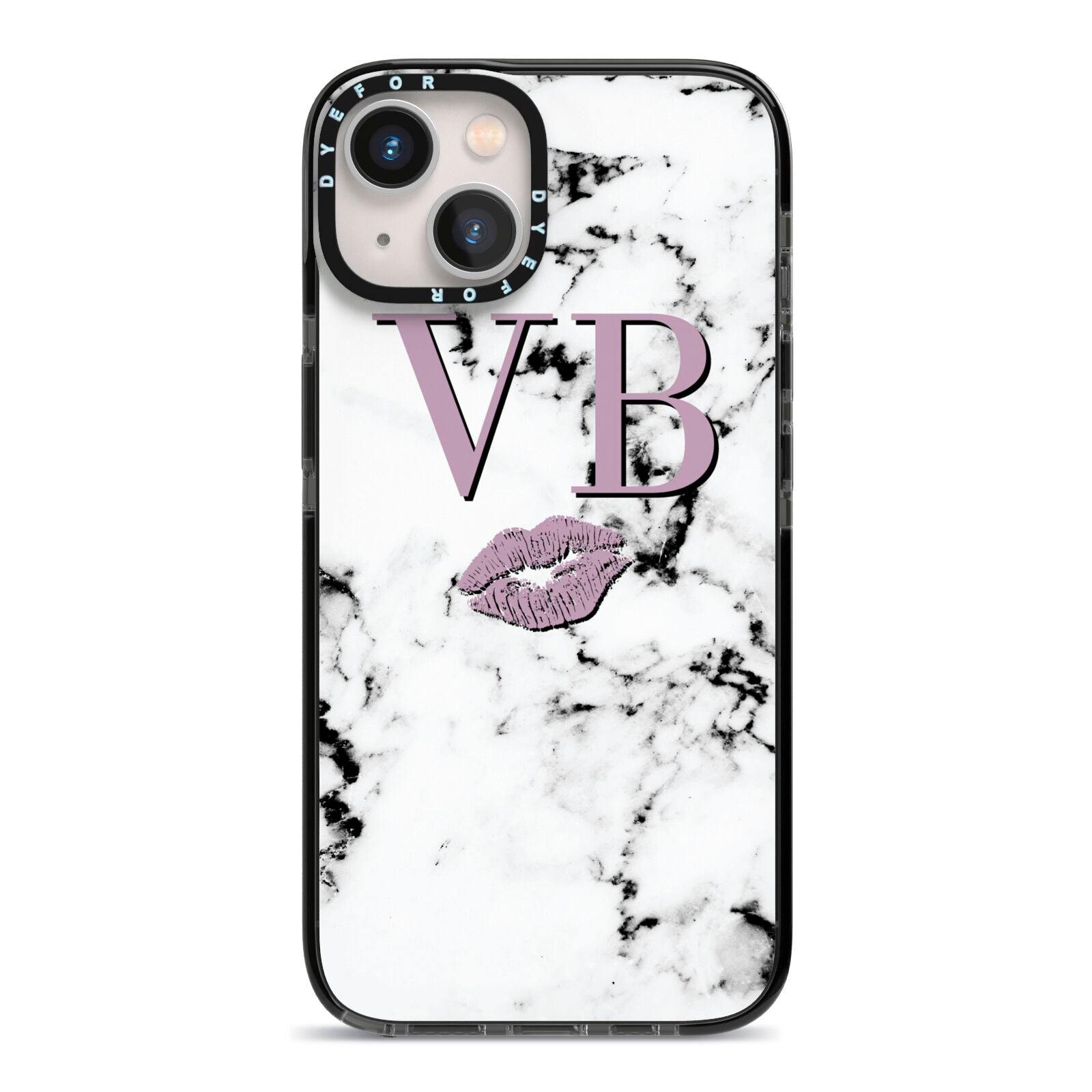 Personalised Lipstick Kiss Initials Marble iPhone 13 Black Impact Case on Silver phone