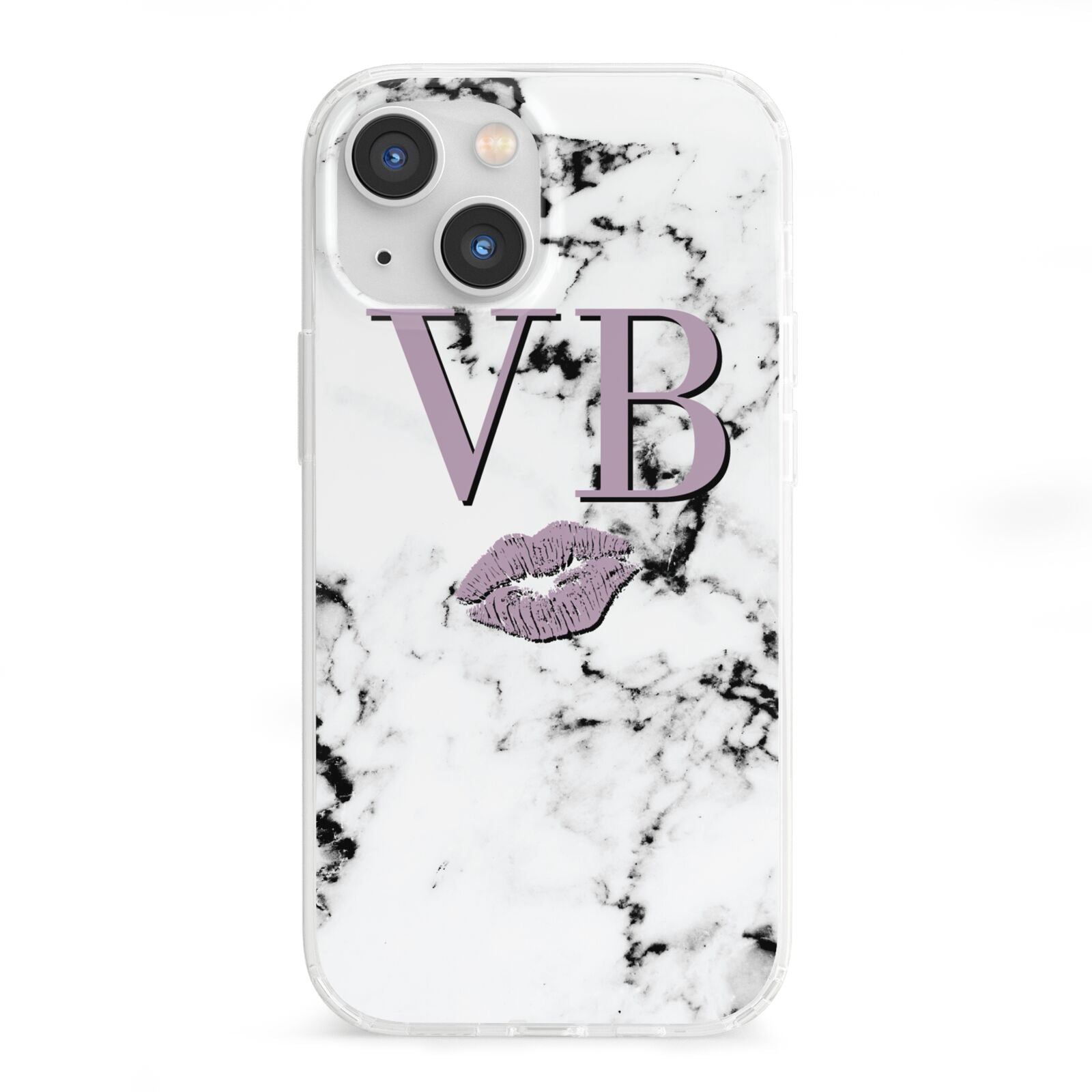 Personalised Lipstick Kiss Initials Marble iPhone 13 Mini Clear Bumper Case