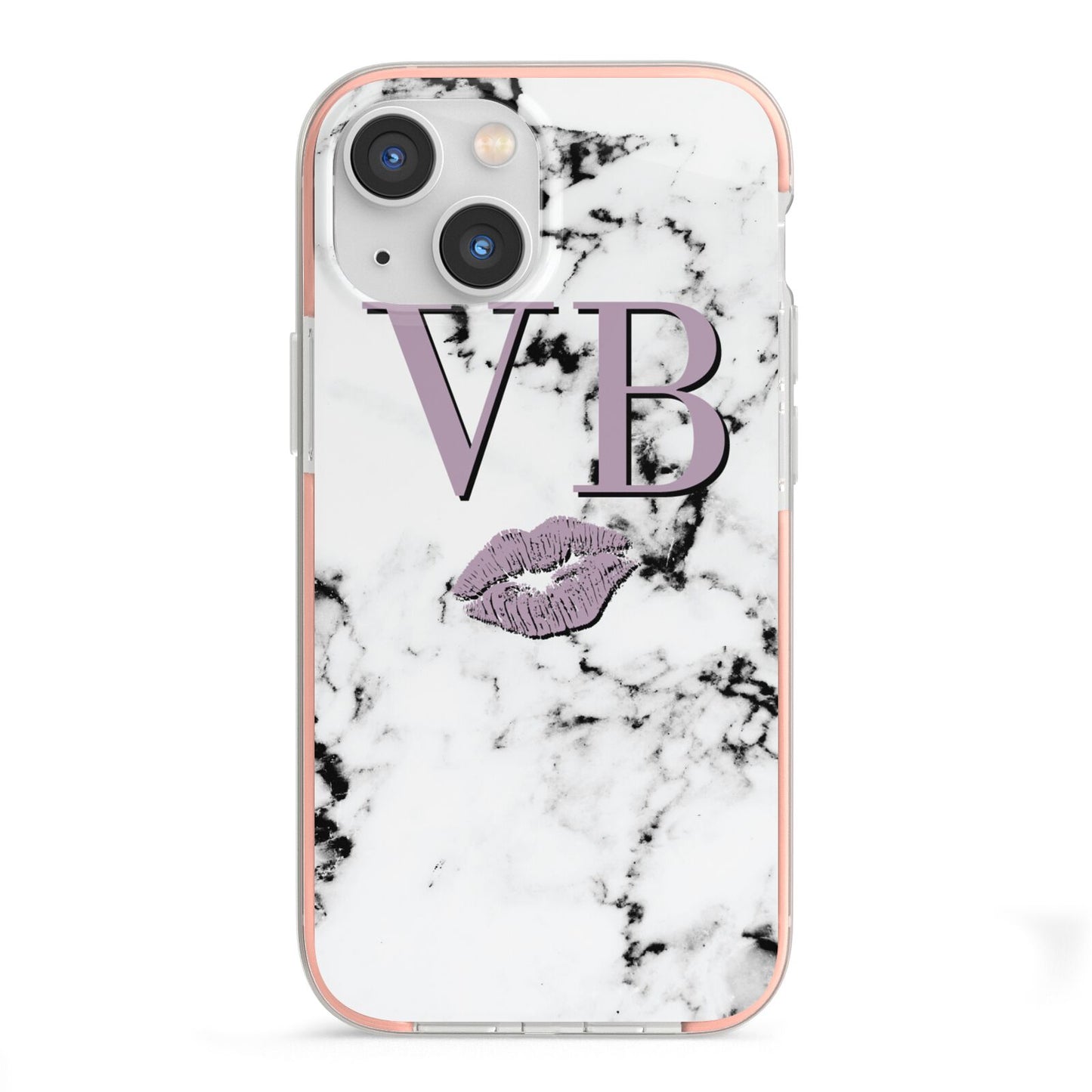 Personalised Lipstick Kiss Initials Marble iPhone 13 Mini TPU Impact Case with Pink Edges