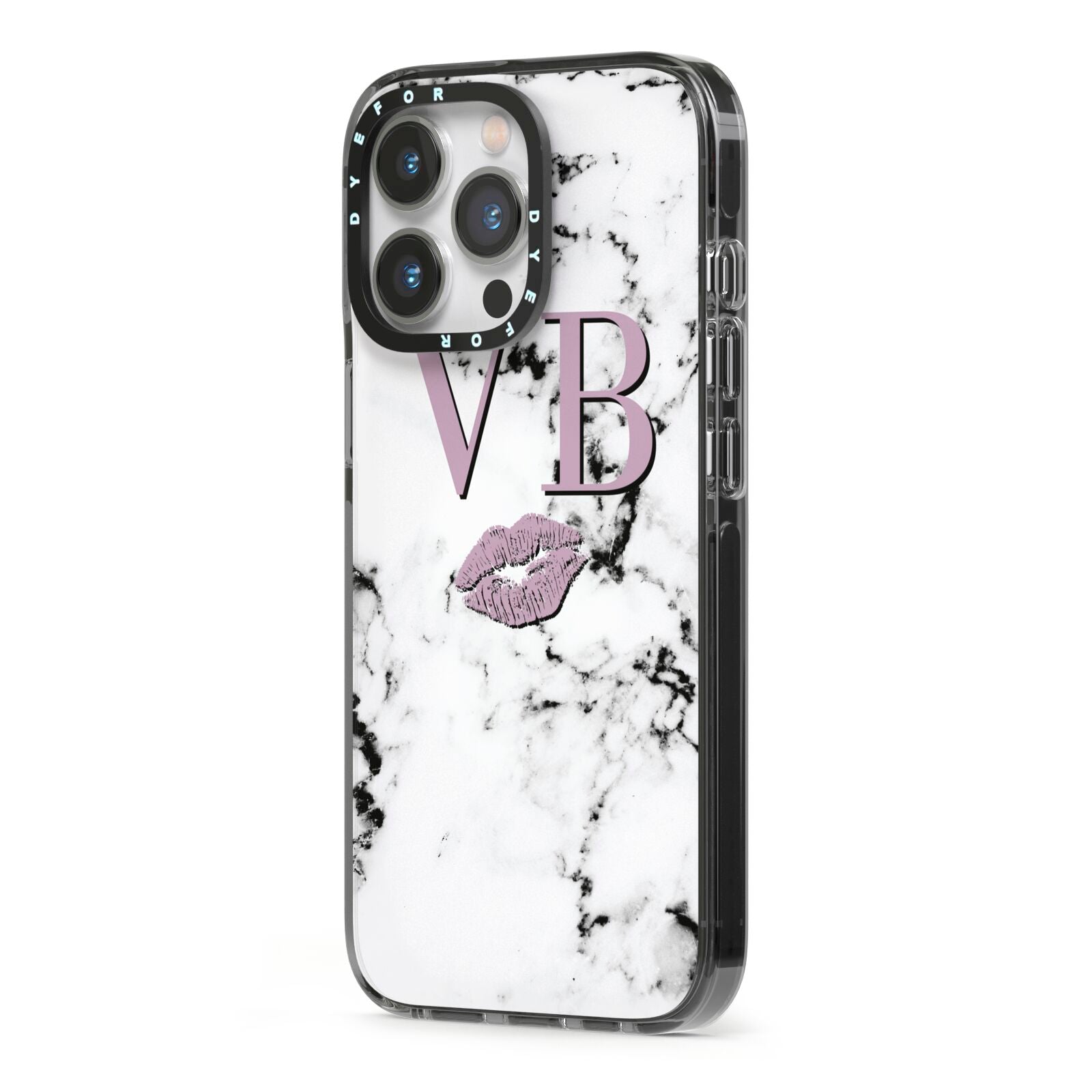 Personalised Lipstick Kiss Initials Marble iPhone 13 Pro Black Impact Case Side Angle on Silver phone