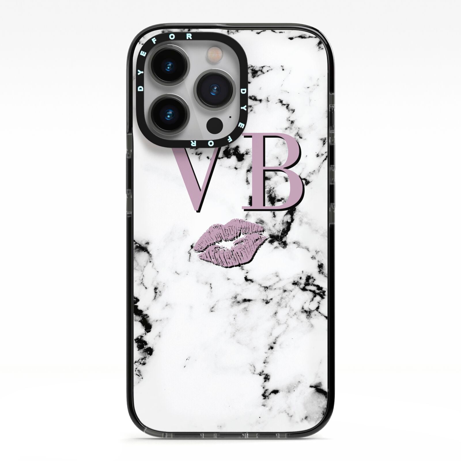 Personalised Lipstick Kiss Initials Marble iPhone 13 Pro Black Impact Case on Silver phone