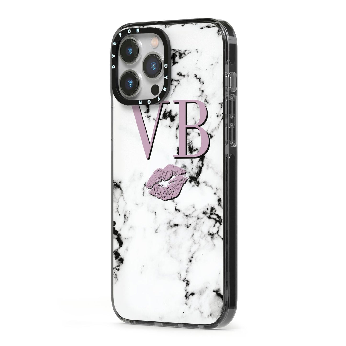 Personalised Lipstick Kiss Initials Marble iPhone 13 Pro Max Black Impact Case Side Angle on Silver phone