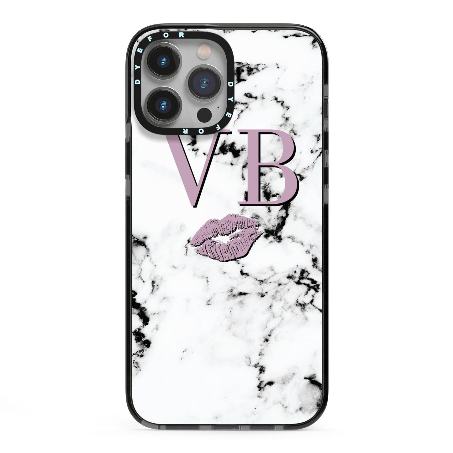 Personalised Lipstick Kiss Initials Marble iPhone 13 Pro Max Black Impact Case on Silver phone